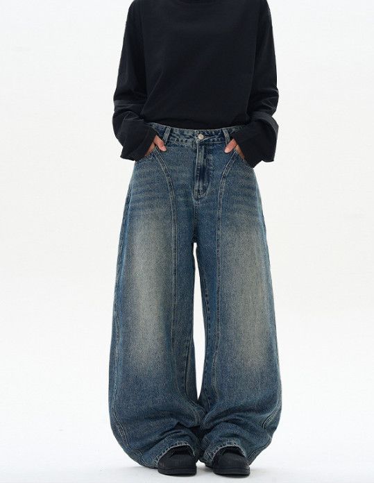 Vintage American whisker patchwork baggy men's wide-leg retro jeans Size US 32 / EU 48 - 1 Thumbnail