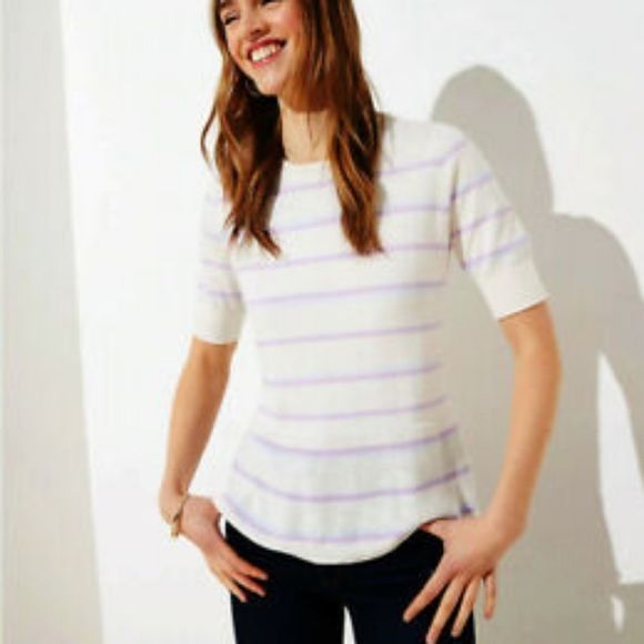 Loft Loft Petite Women's Sweater Tunic White Purple Striped Cotto Size S / US 4 / IT 40 - 1 Thumbnail