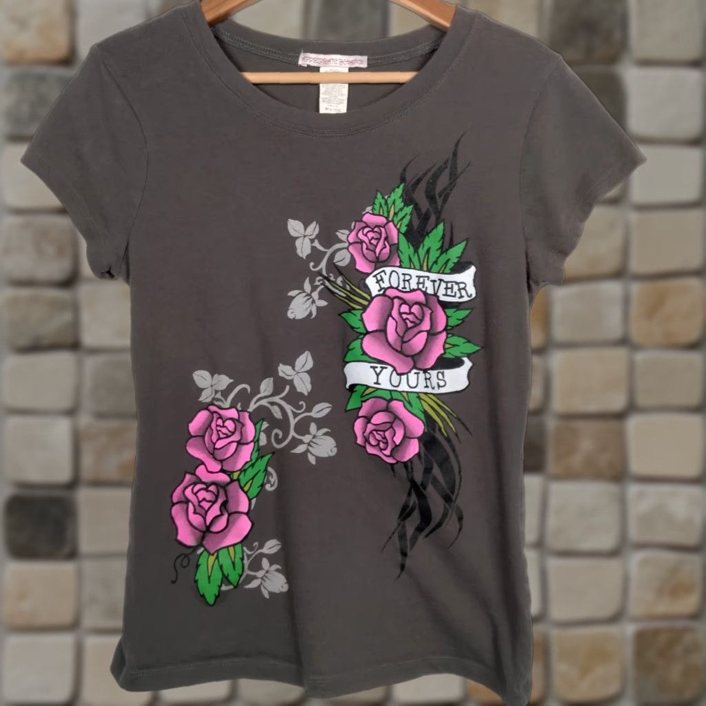 Vintage VINTAGE Appropriate Behavior Shirt T-Shirt Juniors L Gray Tribal Tattoo Roses 90s Y2K Forever Yours Womens Size L / US 10 / IT 46 - 1 Thumbnail