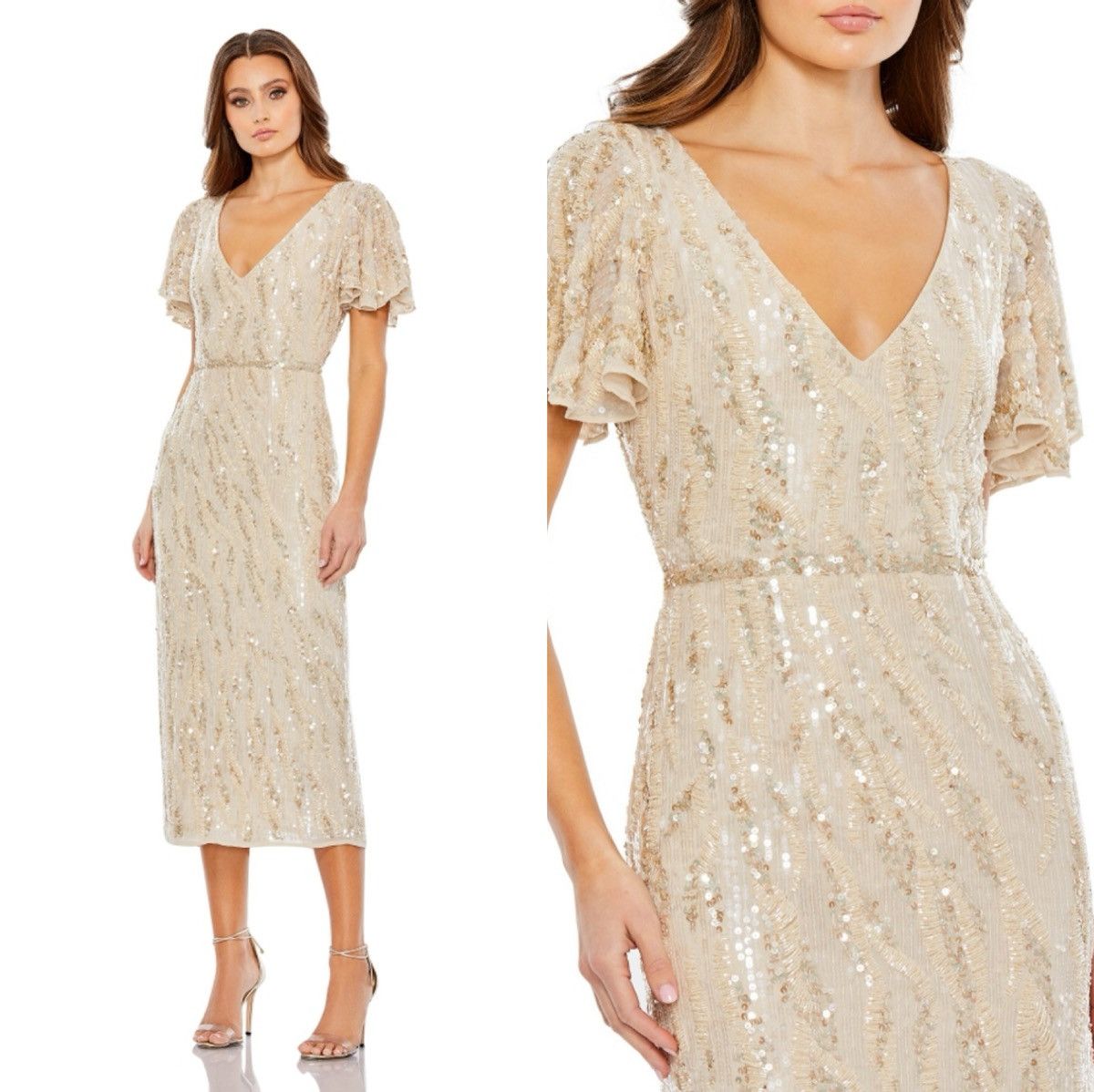 image of Designer NWT Mac Duggal Sequin Embroidered Tea Length Midi Dress in Gold, Women's (Size XS)