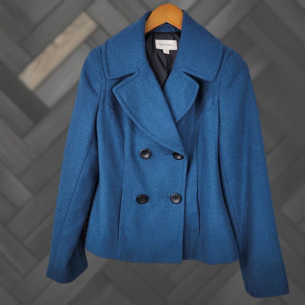 Merona Wool Peacoat Mid-Length Button up Coat Double Breasted Teal Blue Jacket Women M Wool