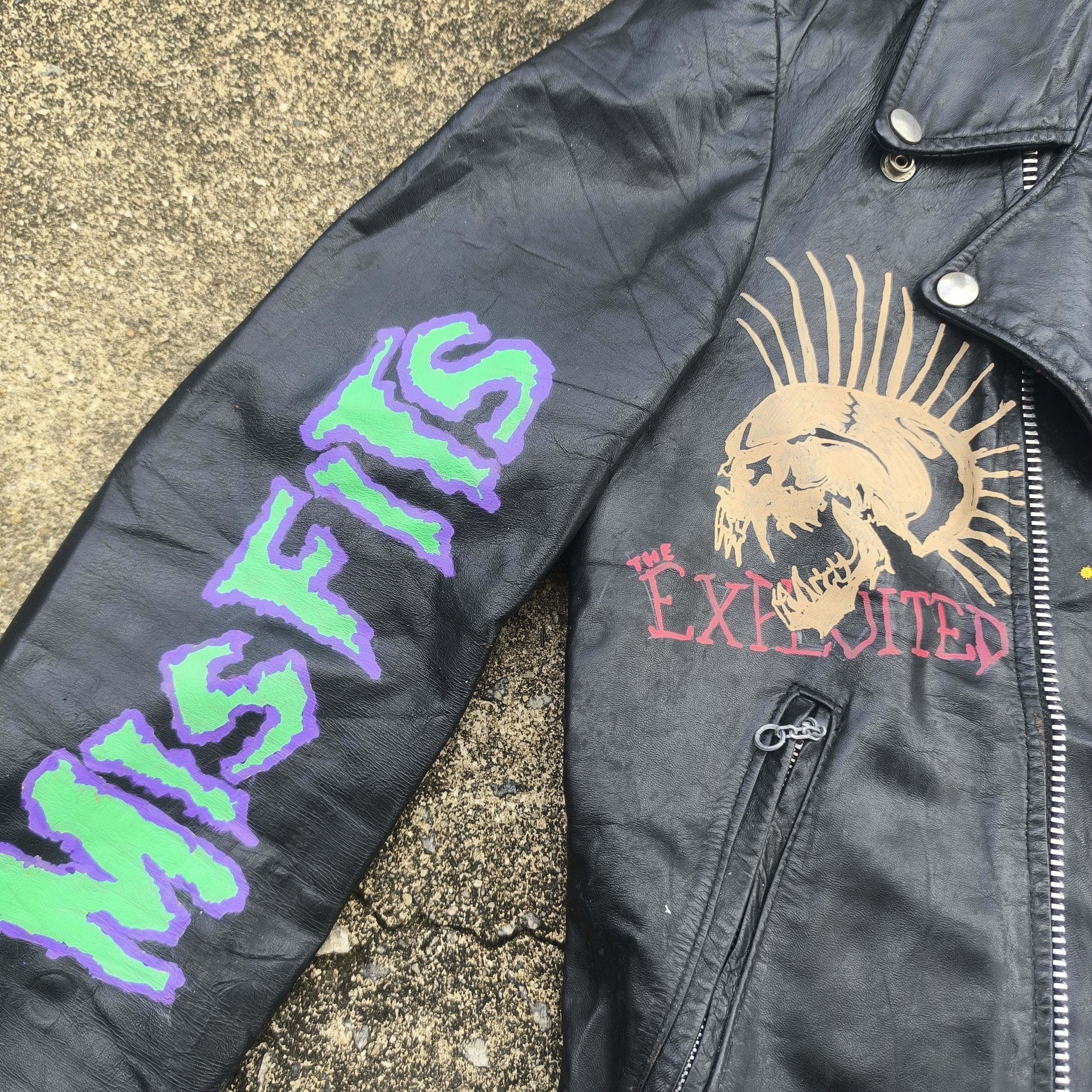 Band Tees DOUBLE COLLAR LEATHER JACKET PUNK MISFITS THE EXPLOITED Size US M / EU 48-50 / 2 - 7 Thumbnail