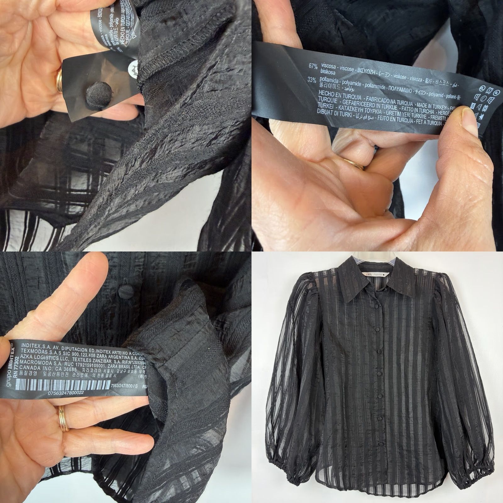 Zara Zara Blouse Shirt Womens Small Black Viscose Sheer Striped Button Collared Blouse Size S / US 4 / IT 40 - 8 Thumbnail