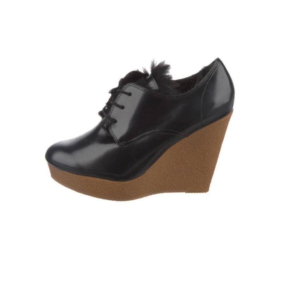 3.1 PHILLIP LIM Black Leather Fur Trim Wedge Pumps Size 10