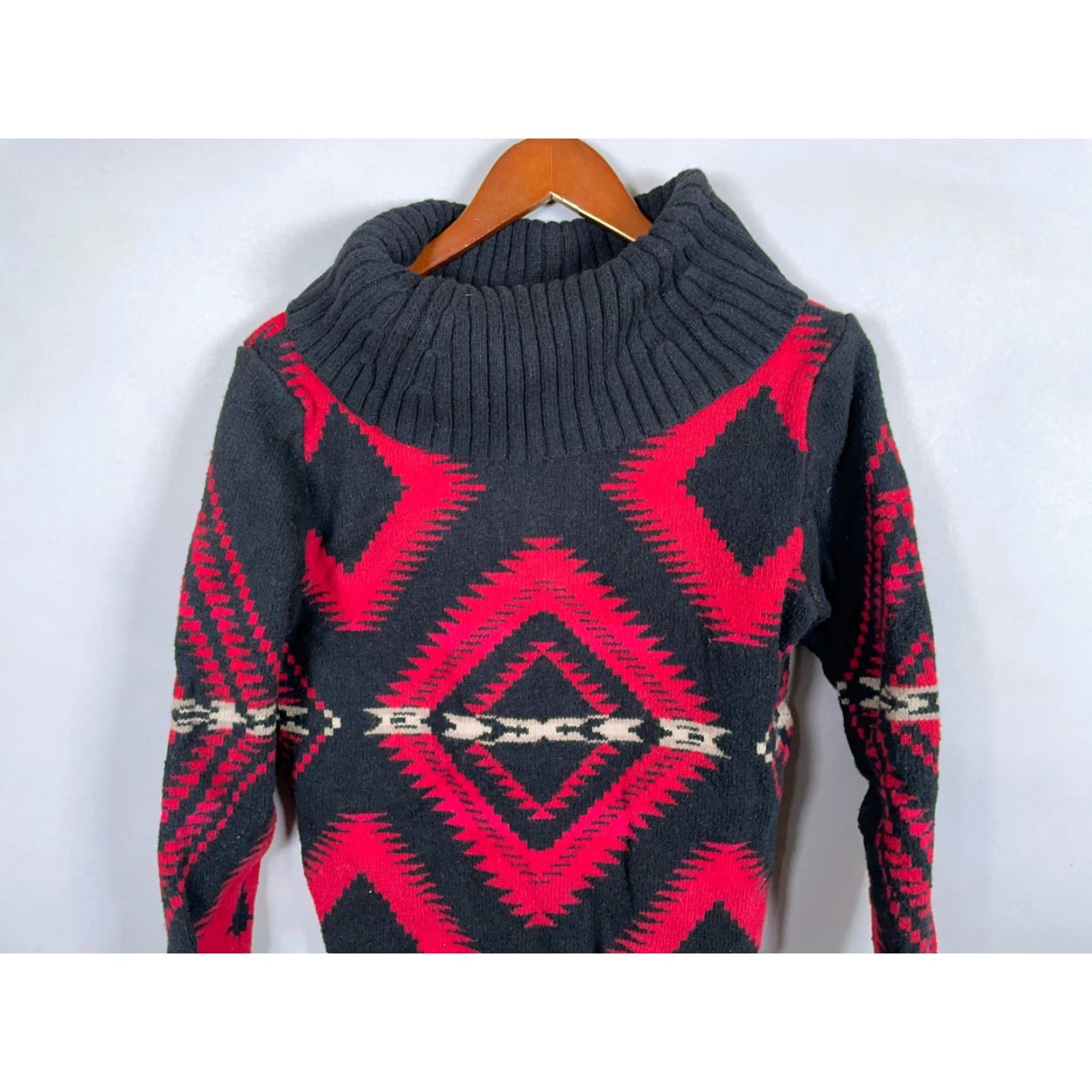 Ralph Lauren VINTAGE Lauren Ralph Lauren Fall Winter Sweater Women's Medium Red Black Aztec Geometric Turtleneck Pullover Bohemian 90s Size M / US 6-8 / IT 42-44 - 4 Thumbnail