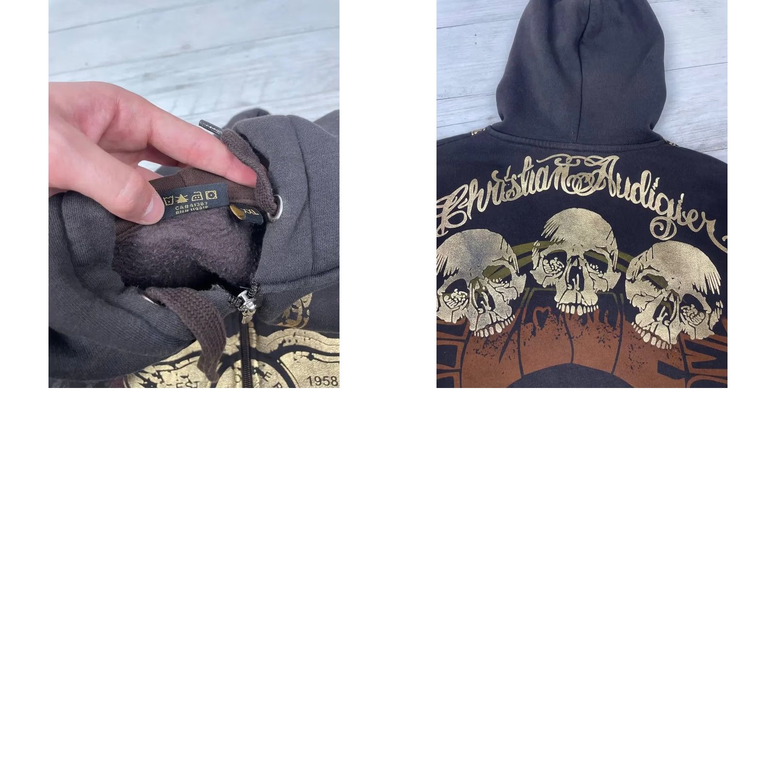 Vintage VINTAGE Christian Audigier Hoodie Full Zip Mens 2XL Brown 90s Love Full Zip Hooded Sweatshirt Brown 90s Size US XXL / EU 58 / 5 - 11 Thumbnail