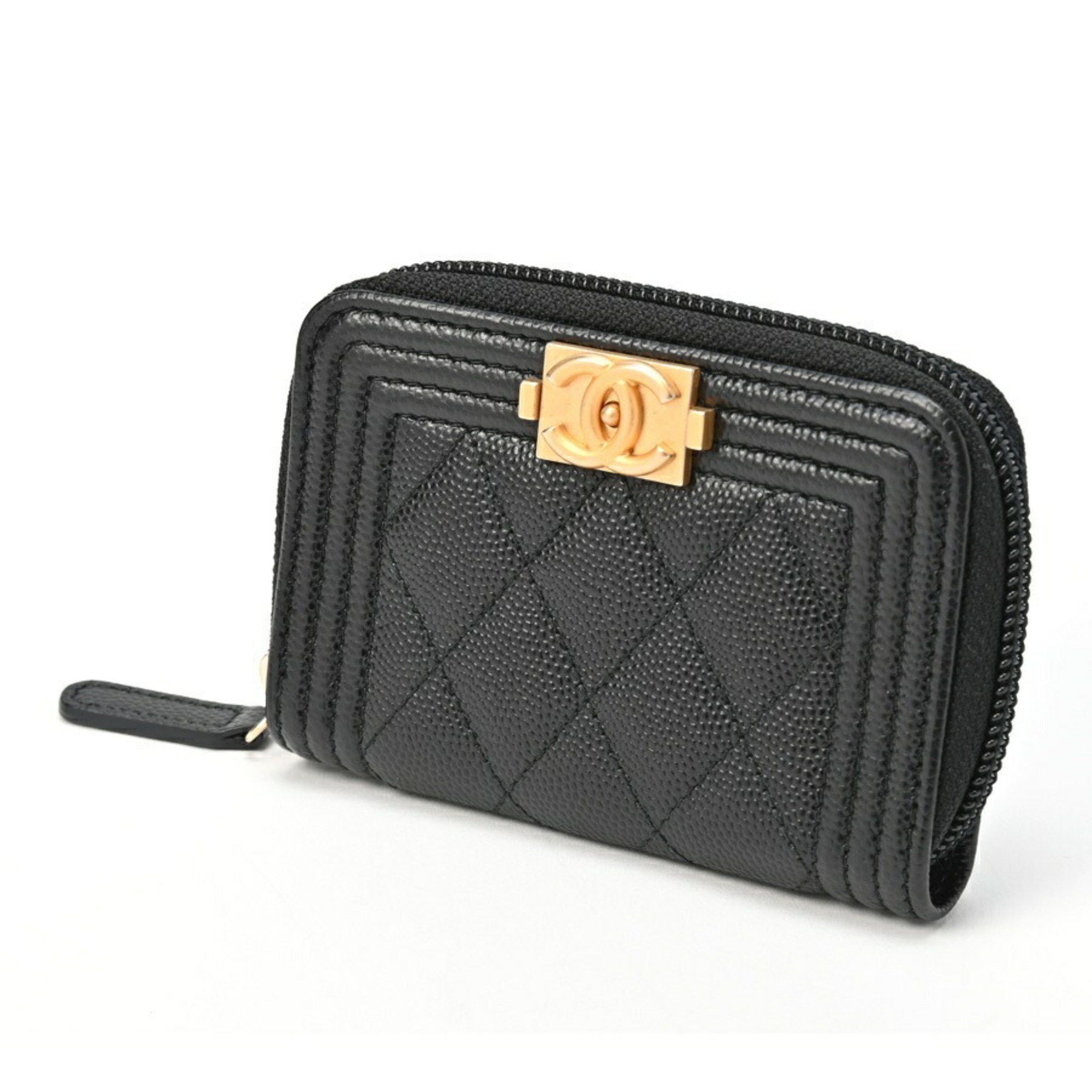 image of Chanel Boy Chanel Round Coin Case A80602 Caviar Skin Black Gold E-155490, Women's