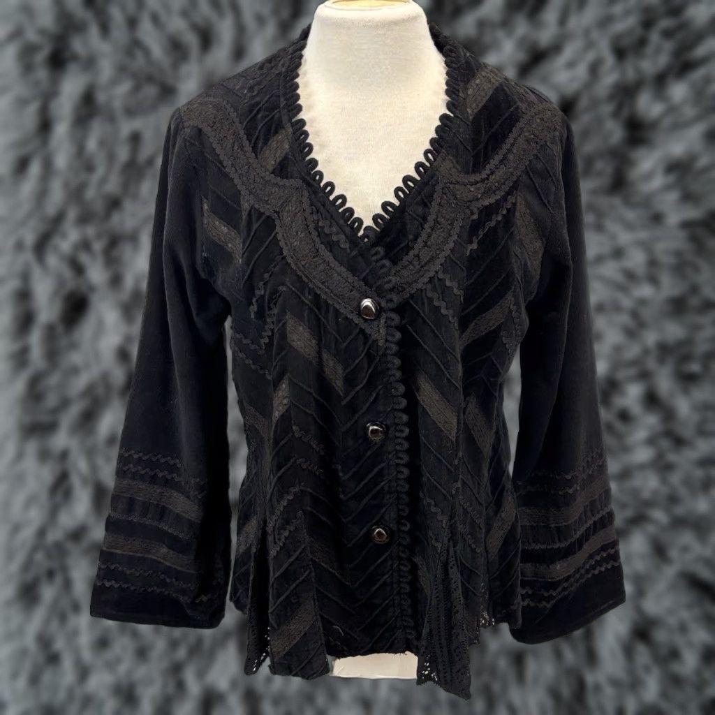 Velvet VINTAGE Gothic Mixed Media Jacket Women Medium Black Velvet Lace Up 90s Grunge Size M / US 6-8 / IT 42-44 - 1 Thumbnail