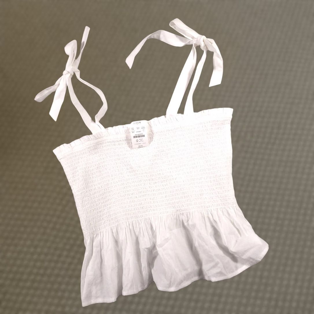 J.Crew J.CREW Tank Womens Large White Smocked Tie Strap Ruffle Peplum Summer Clothing Women Sleeveless Adjustable Strap Camisole Short Dress Alternative Size L / US 10 / IT 46 - 1 Thumbnail