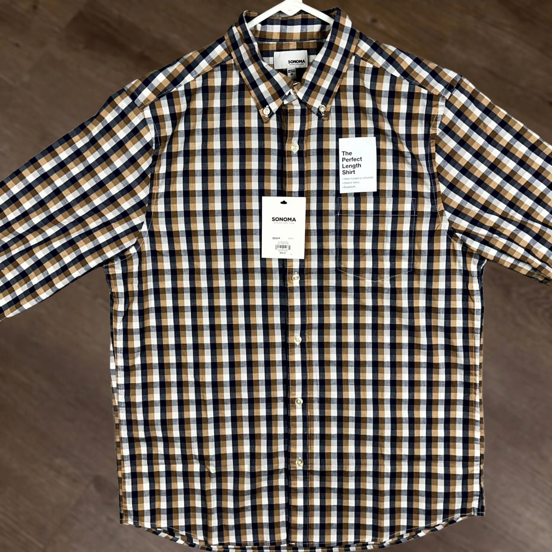 Vintage Sonoma Mens Shirt Button-Down Long Sleeve Check Navy Brown White 66% Cotton 31% Polyester 3% Spandex Pocket Casual Business Workwear Preppy Size US M / EU 48-50 / 2 - 1 Thumbnail
