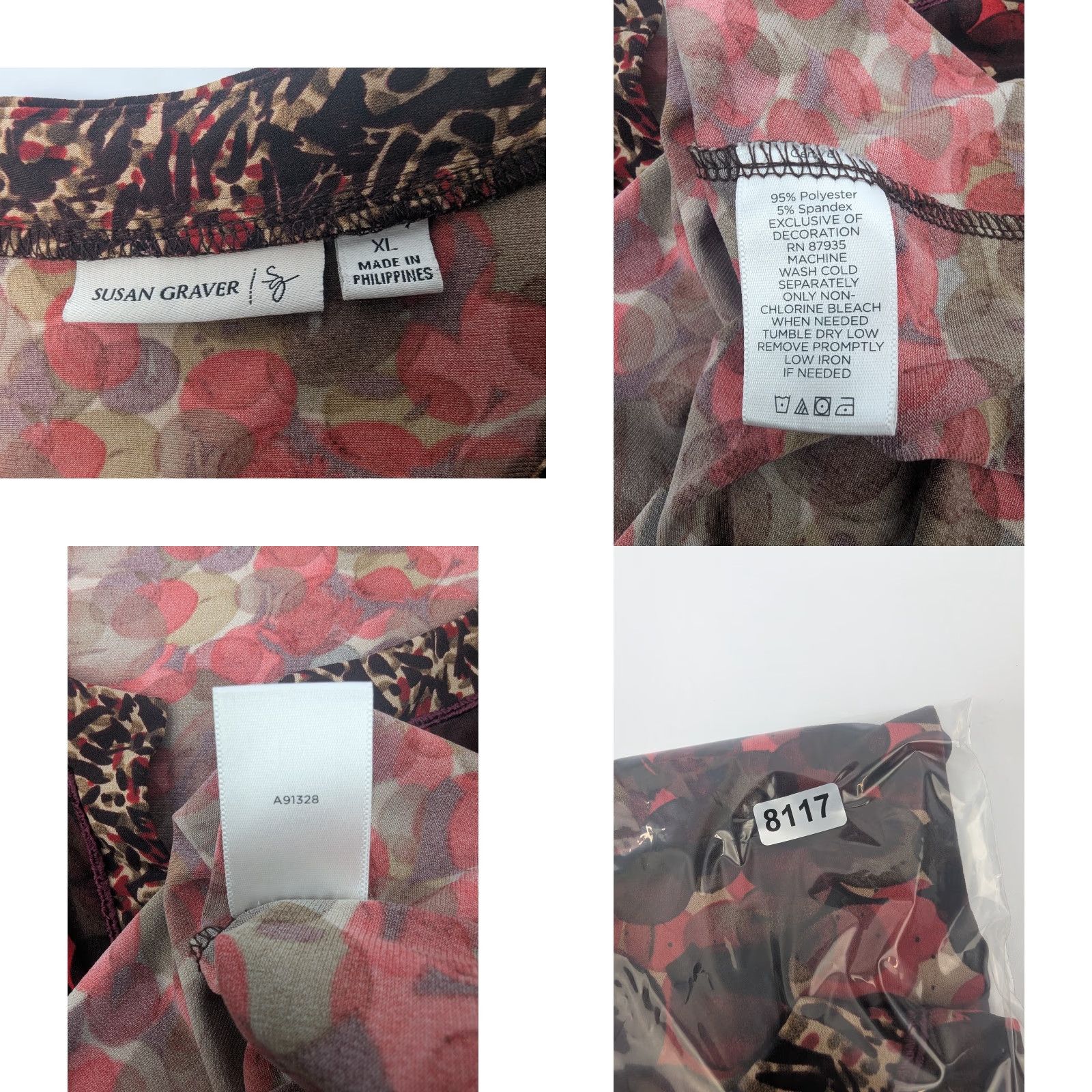 Vintage Susan Graver Red Liquid Knit Printed Top Ruched Neckline A91328 XL Tunic Blouse 3/4 Sleeve Solid Knit Polyester Spandex Classic Womens Size XL / US 12-14 / IT 48-50 - 8 Thumbnail