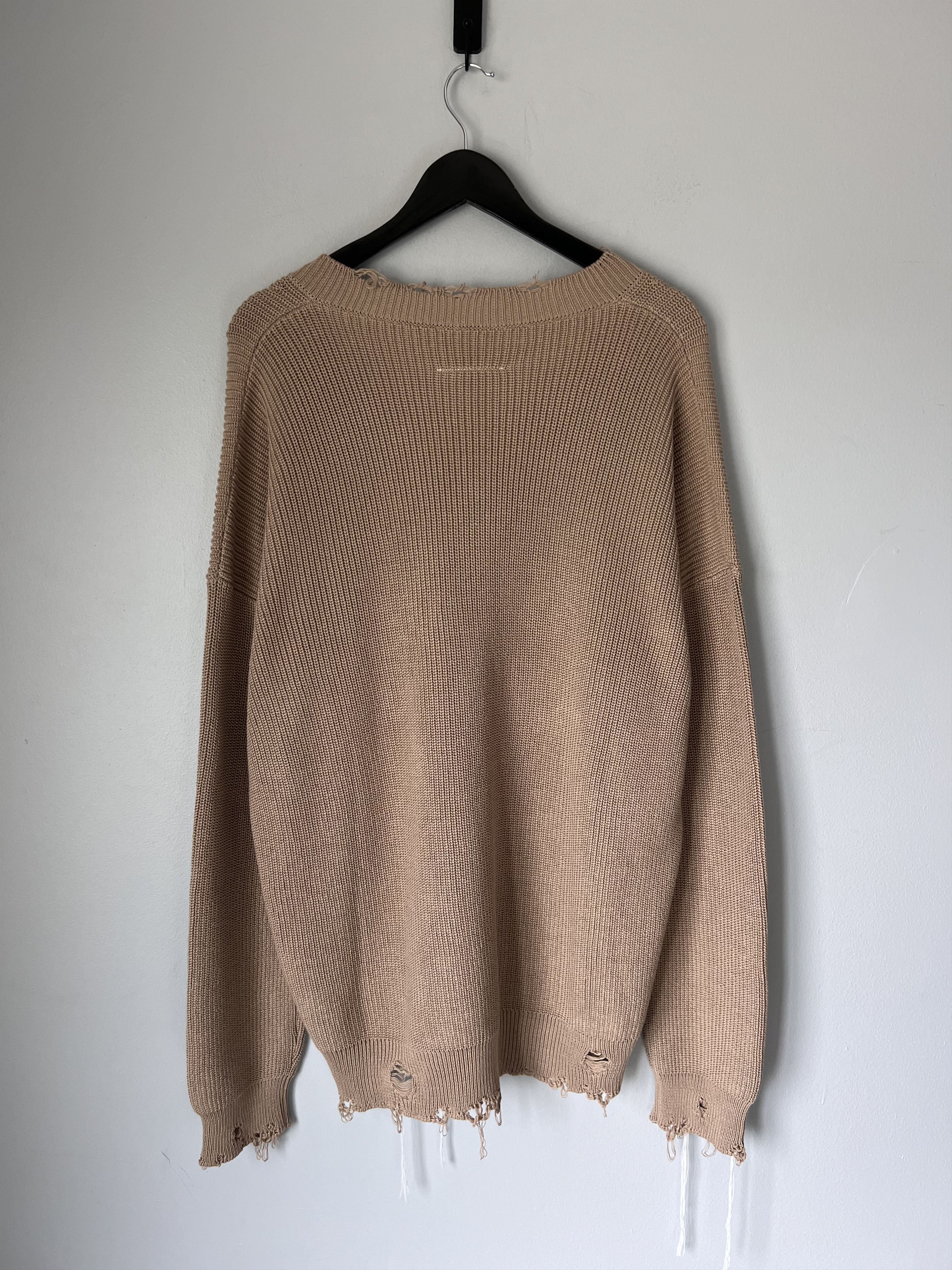 Maison Margiela MM6 Maison Margiela Distressed Knit V-Neck Sweater in Camel Size US L / EU 52-54 / 3 - 5 Thumbnail