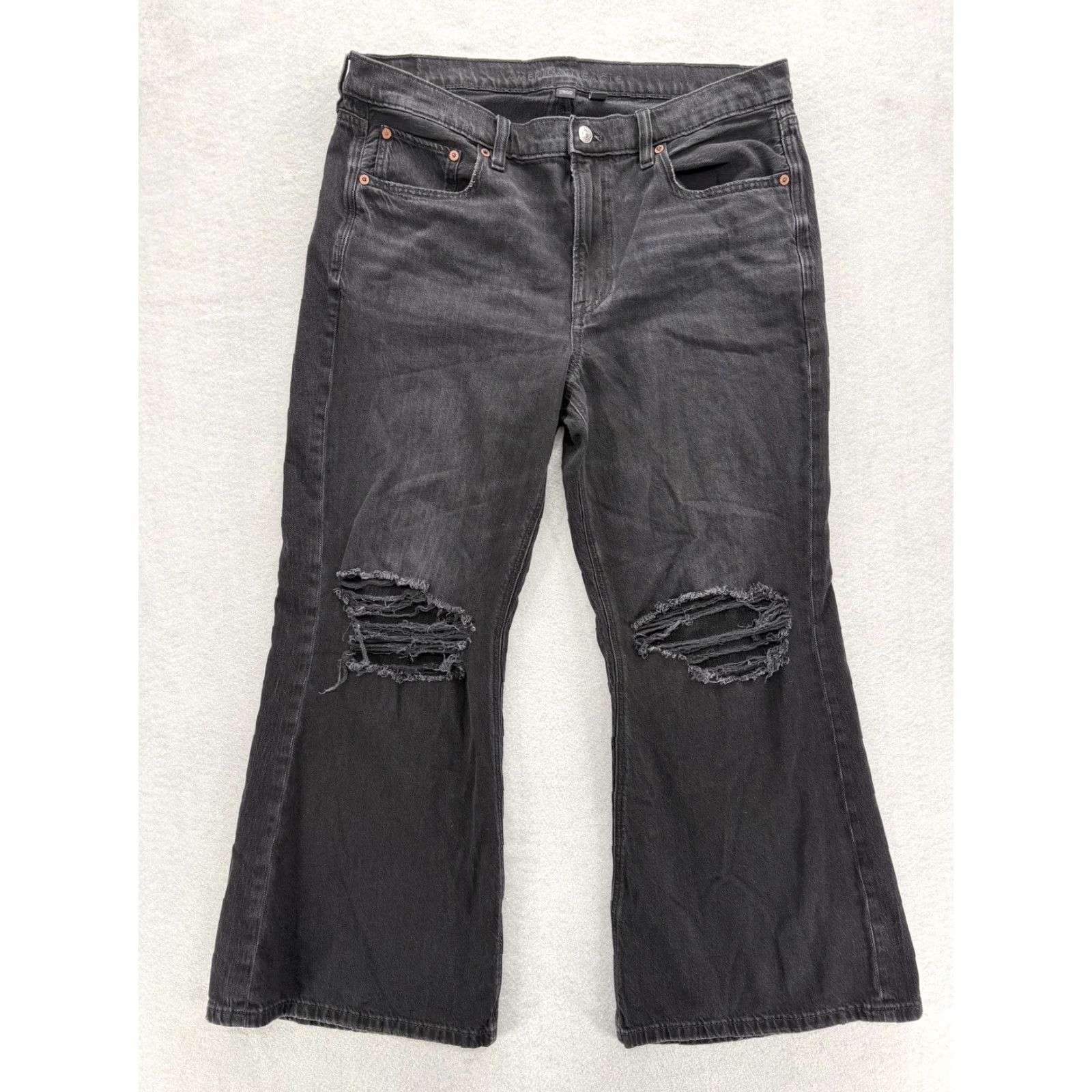 American Eagle Outfitters American Eagle Outfitters Jeans Flared Distressed Low-Rise Baggy Womens 12 Short Charcoal Wash Black 5-Pocket Denim Vintage No Size 34" / US 12 / IT 48 - 2 Thumbnail