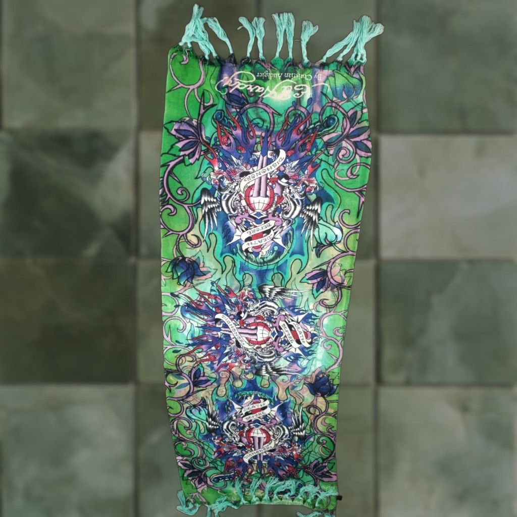 Ed Hardy VINTAGE Ed Hardy by Christian Audigier Scarf Women Rectangle 25x66 Green Geometric Y2K Size ONE SIZE - 1 Thumbnail