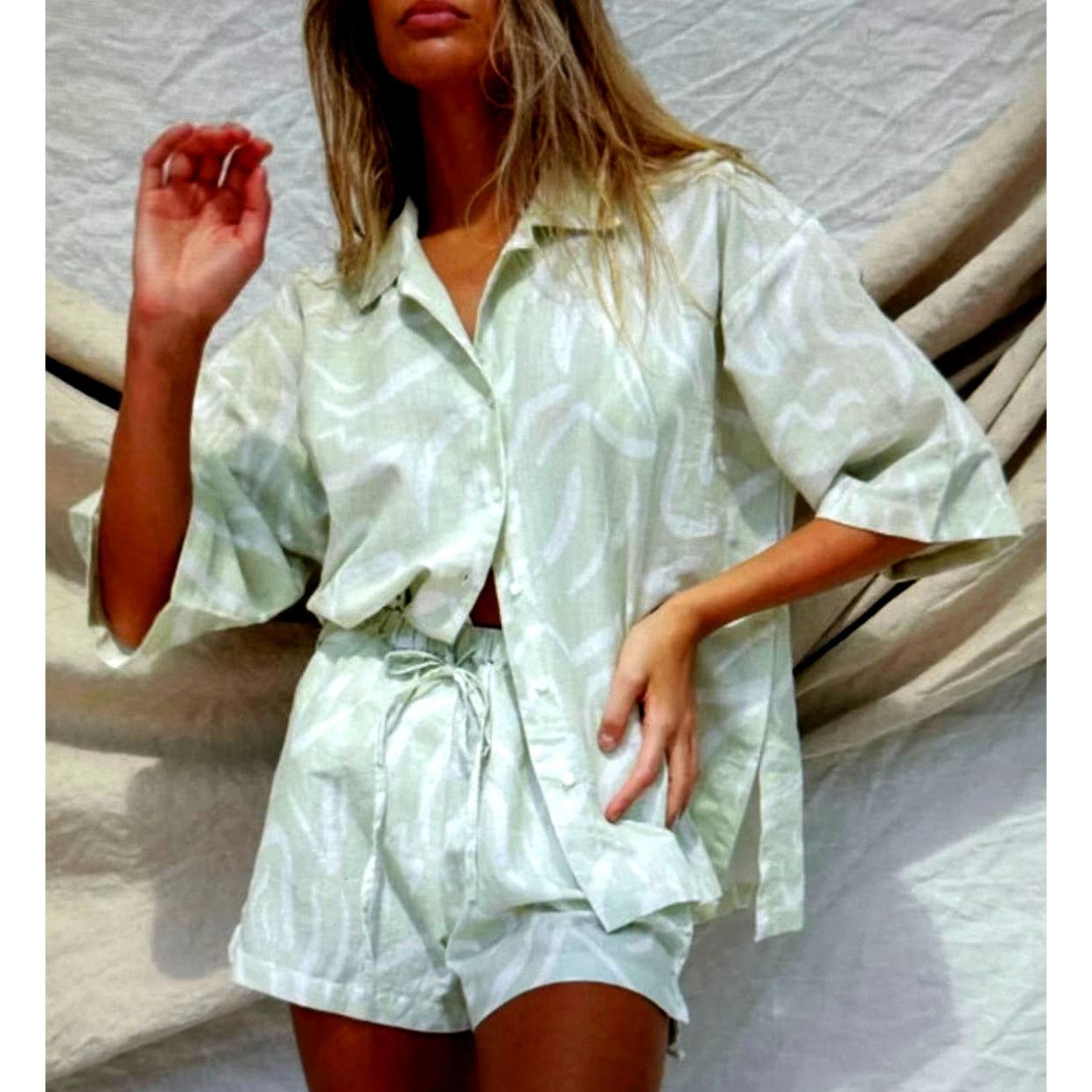 Other Stone Fox Swim Zenni 100% Linen Shirt Aloe Lines XS/S Size S / US 4 / IT 40 - 2 Thumbnail