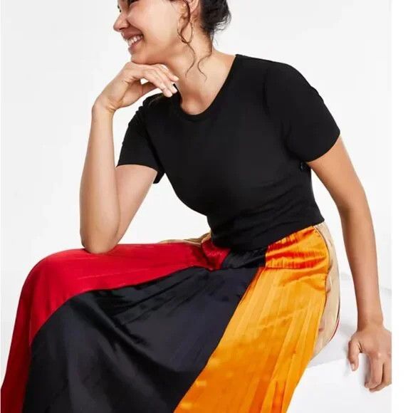 karl lagerfeld paris women's colorblocked pleated midi dress KARL LAGERFELD PARIS Women's 3/4 Sleeve Colorblock Pleated Midi Dress