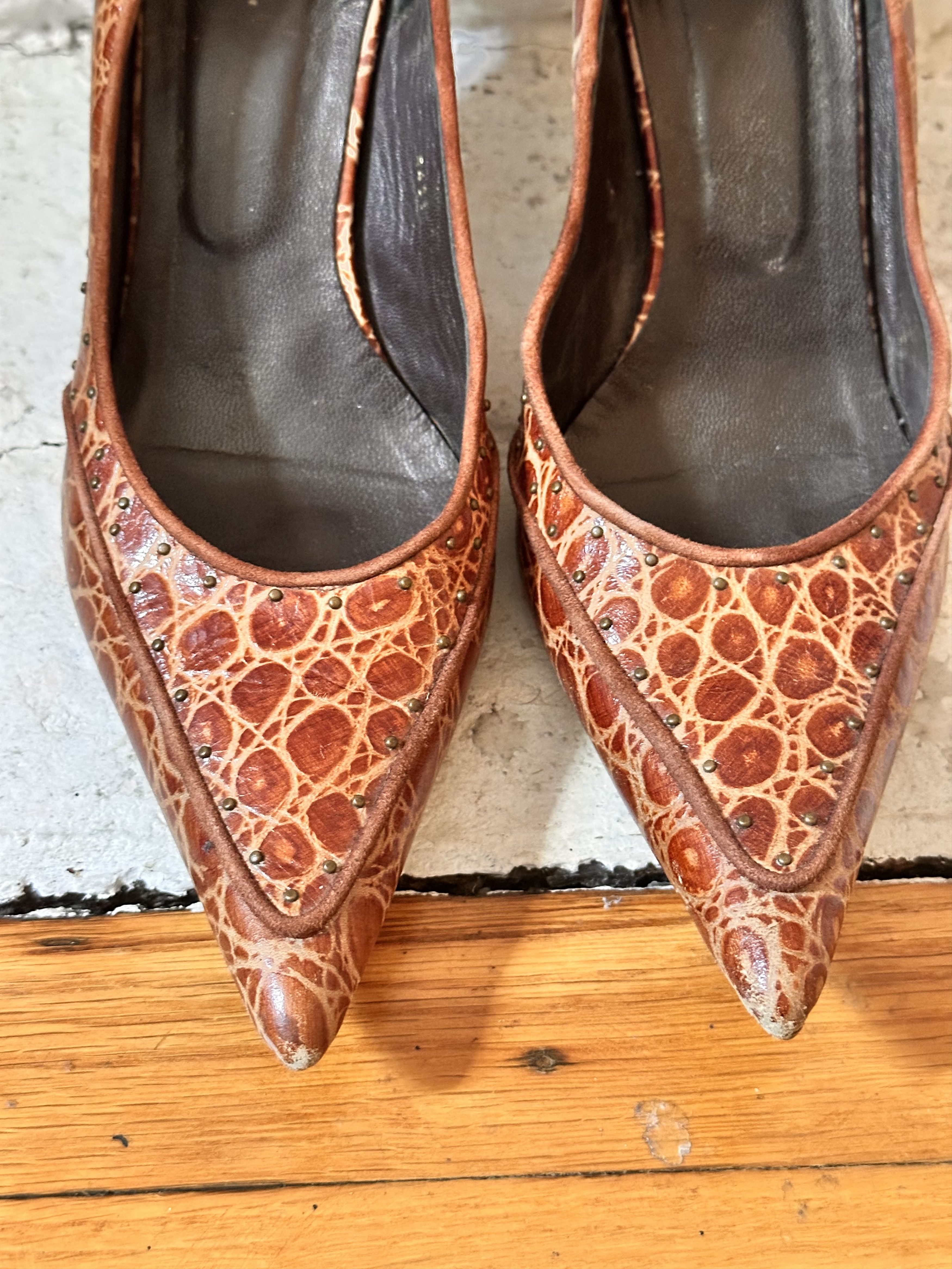 Leather VINTAGE Y2K DESIGNER BROWN LEATHER STUDDED HEELS_ 8US Size US 8 / IT 38 - 3 Thumbnail