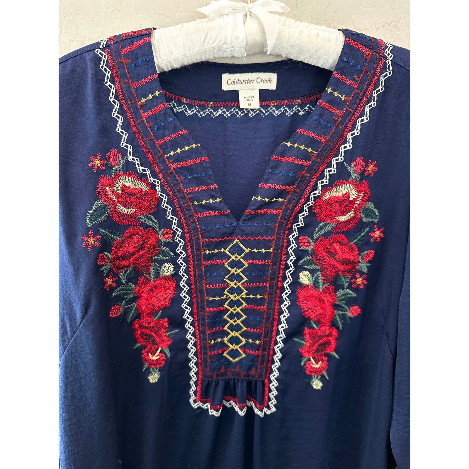 Coldwater Creek COLDWATER CREEK Navy Embroidered Floral Boho Western Blouse Size M / US 6-8 / IT 42-44 - 3 Thumbnail