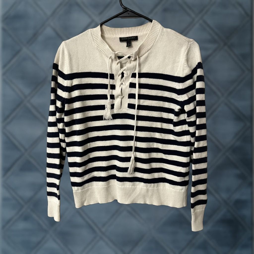 Banana Republic Banana Republic lace up tassel striped loose fit sweater Size S White Navy Size S / US 4 / IT 40 - 1 Thumbnail