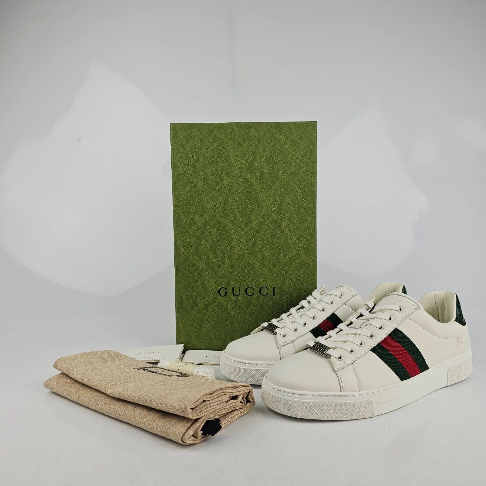 GUCCI Ace Women's White/Green Leather Low Top Sneakers New