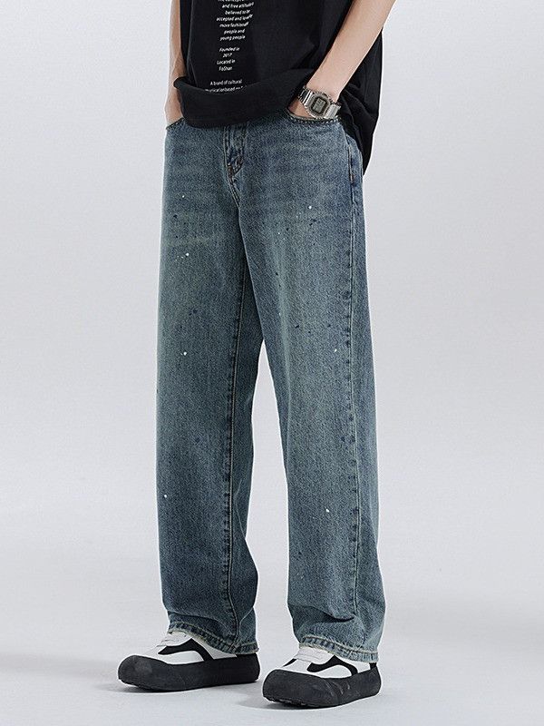 Japanese Brand Men's retro washed splatter-painted straight loose jeans Size US 32 / EU 48 - 2 Thumbnail