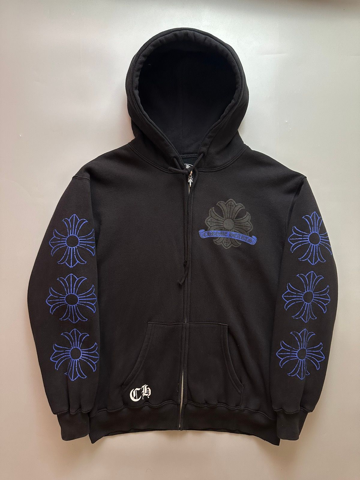 Pre-owned Chrome Hearts X Vintage Thermal Chrome Hearts-zipup Hoodie (tattered Print) In Black