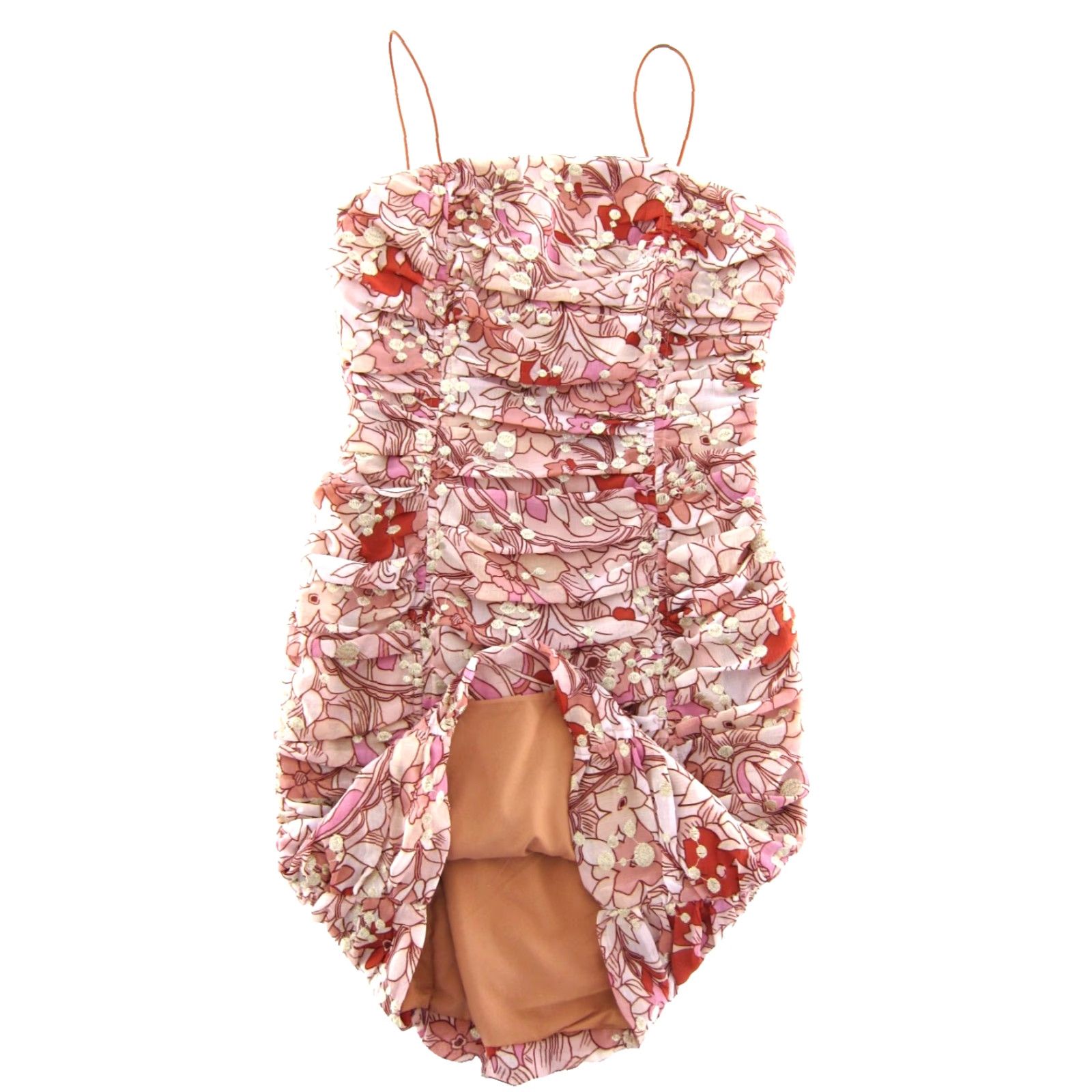 Pinko BTFL-Life Pink Orange Floral Embroidered Metallic Gold Ruched Bodycon Dress S Size S / US 4 / IT 40 - 5 Thumbnail