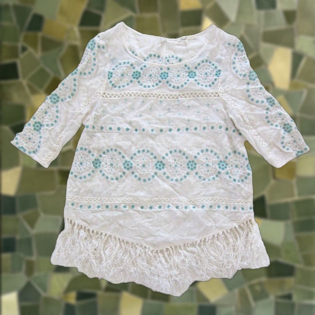 Anthropologie VINTAGE Floreat Anthropologie Cotton White Green Embroidered Fringe Tunic Blouse 8 Size M / US 6-8 / IT 42-44 - 1 Thumbnail
