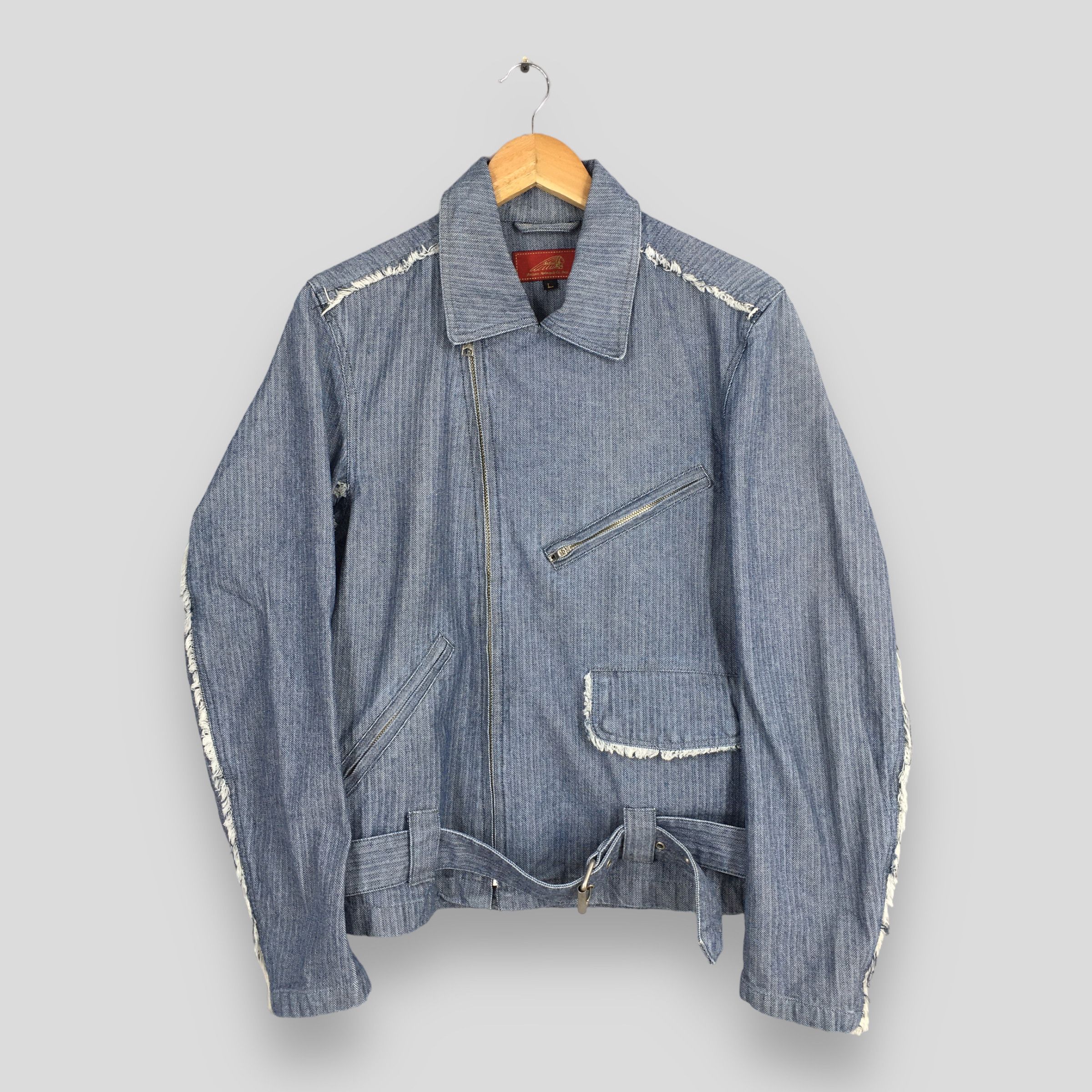 image of Harley Davidson x Indian Motercycles Vintage Motorcycle Herringbone Stripes Blue Denim Jacket in Gr