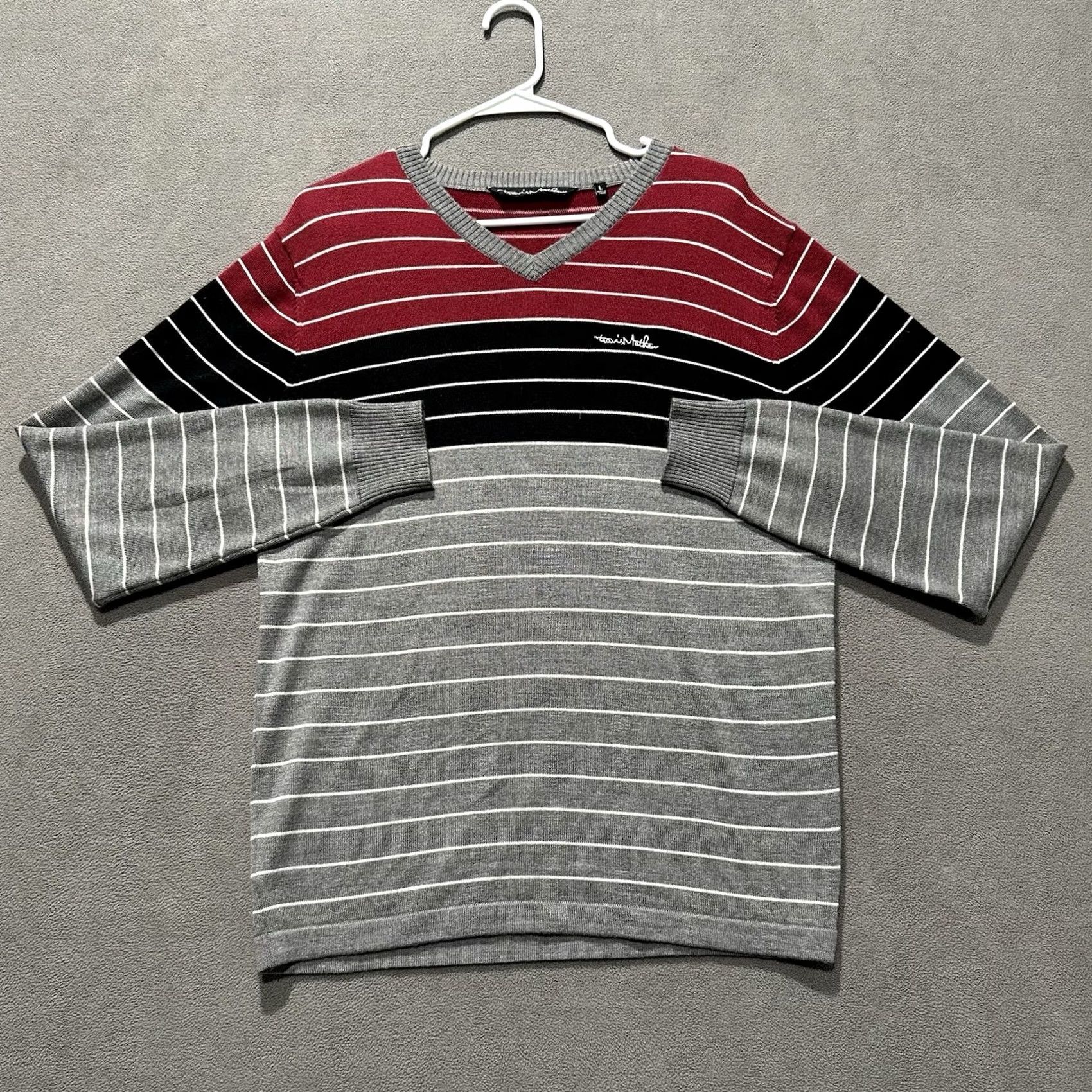 TravisMathew Travis Mathew Sweater Mens Large Gray Red Black Striped V-Neck Merino Wool Blend Size US L / EU 52-54 / 3 - 2 Thumbnail