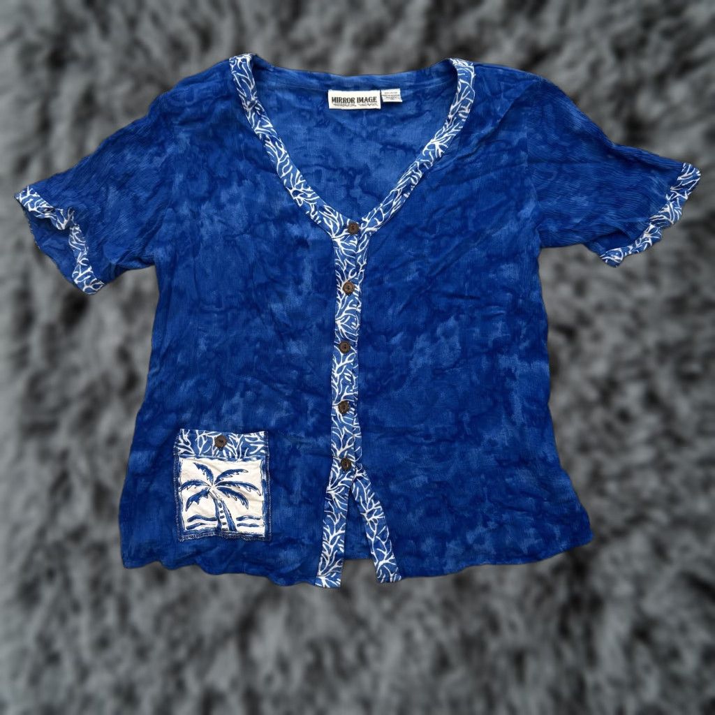 Vintage VINTAGE Mirror Image 2 Piece Dress Set Shirt Dress 1X Plus Blue Palm Boho Resort Beach Crinkle Rayon Size XL / US 12-14 / IT 48-50 - 1 Thumbnail