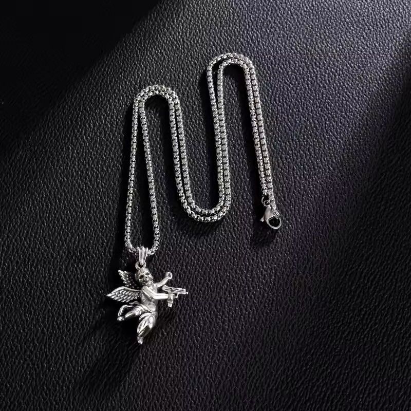 Jewelry Goth Devil Skull Angel Holding Machine Gun Pendant Necklace Size ONE SIZE - 4 Thumbnail