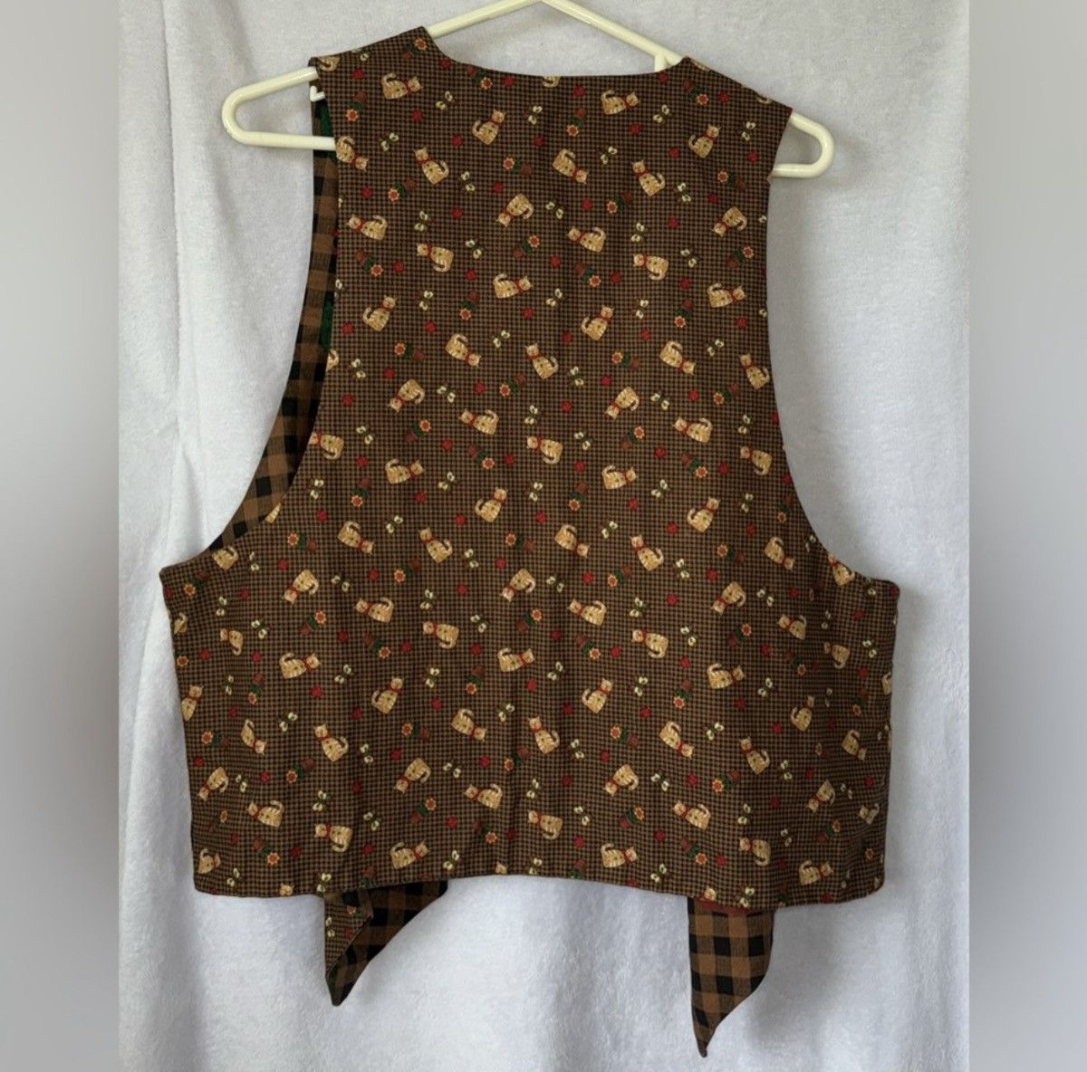 Vintage Handmade Large Brown Reversible Cat Floral Gingham Vest Size L / US 10 / IT 46 - 6 Thumbnail
