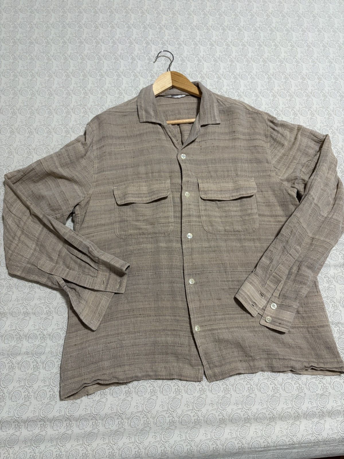 3Sixteen Open Collar Shirt Travertine Handloom Silk Sz L