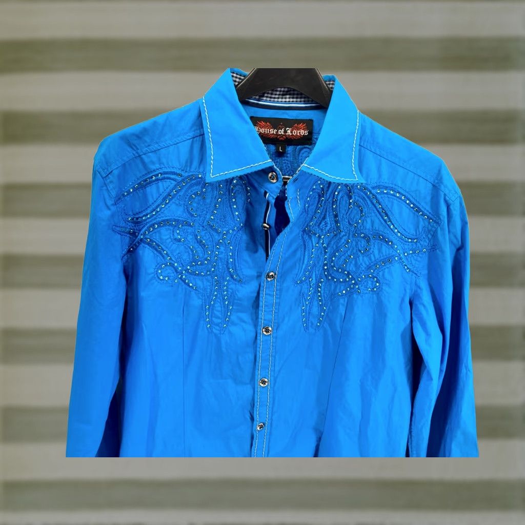 House of CB House of Lords Western Button Up Shirt Mens L Blue Embroidered Embellished Cowboy Western Casual Shirt Size US L / EU 52-54 / 3 - 1 Thumbnail