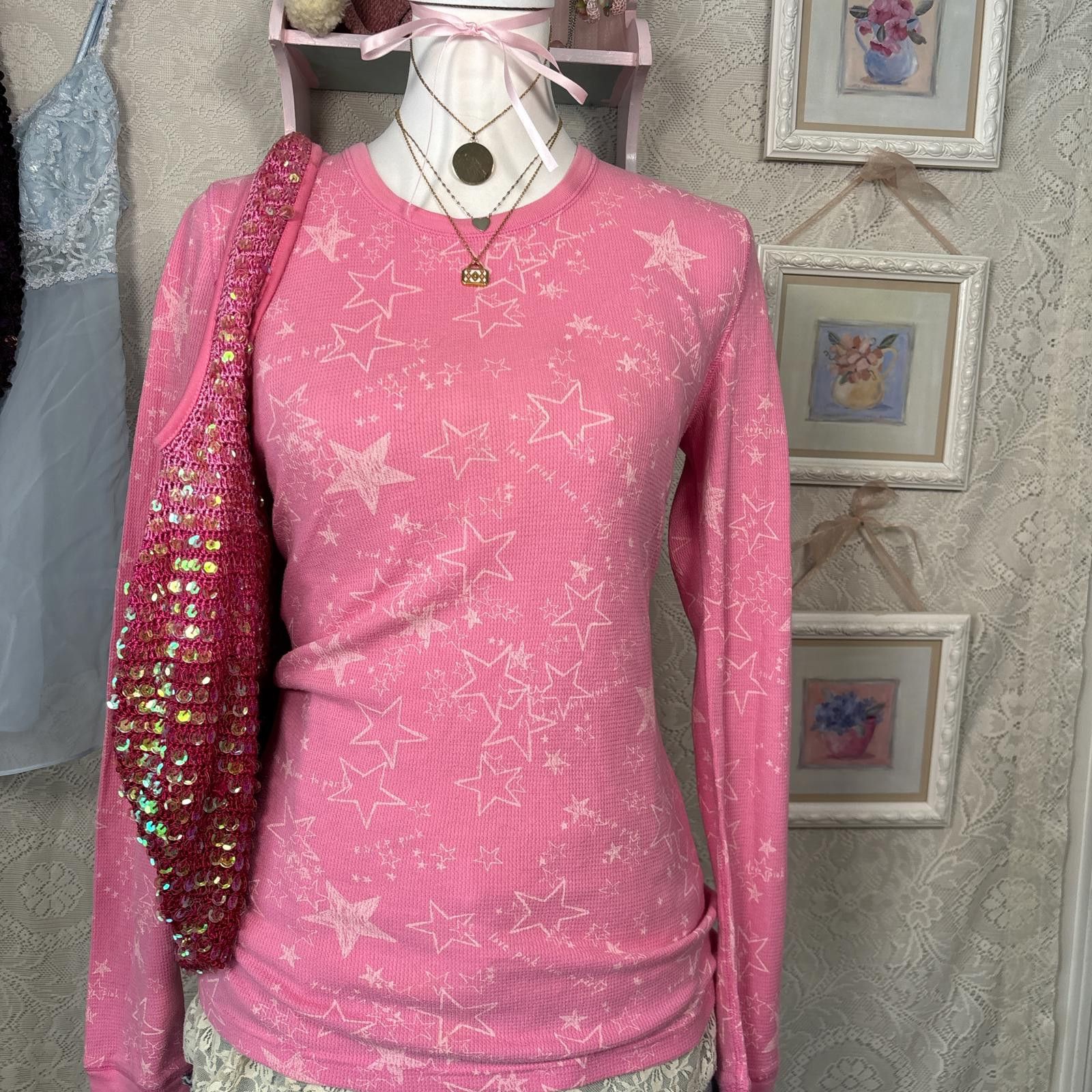 Pink y2k waffle knit PINK star long sleeve Size L / US 10 / IT 46 - 3 Thumbnail