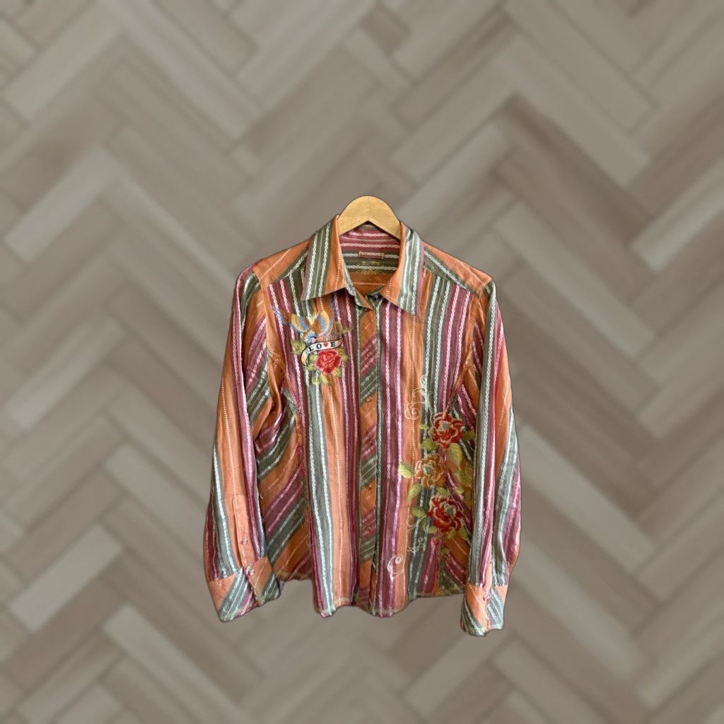 Vintage Lovestitch Shirt Womens L Striped Embroidered Boho Floral Western Frayed Hem Button-Up Tunic Size L / US 10 / IT 46 - 1 Thumbnail