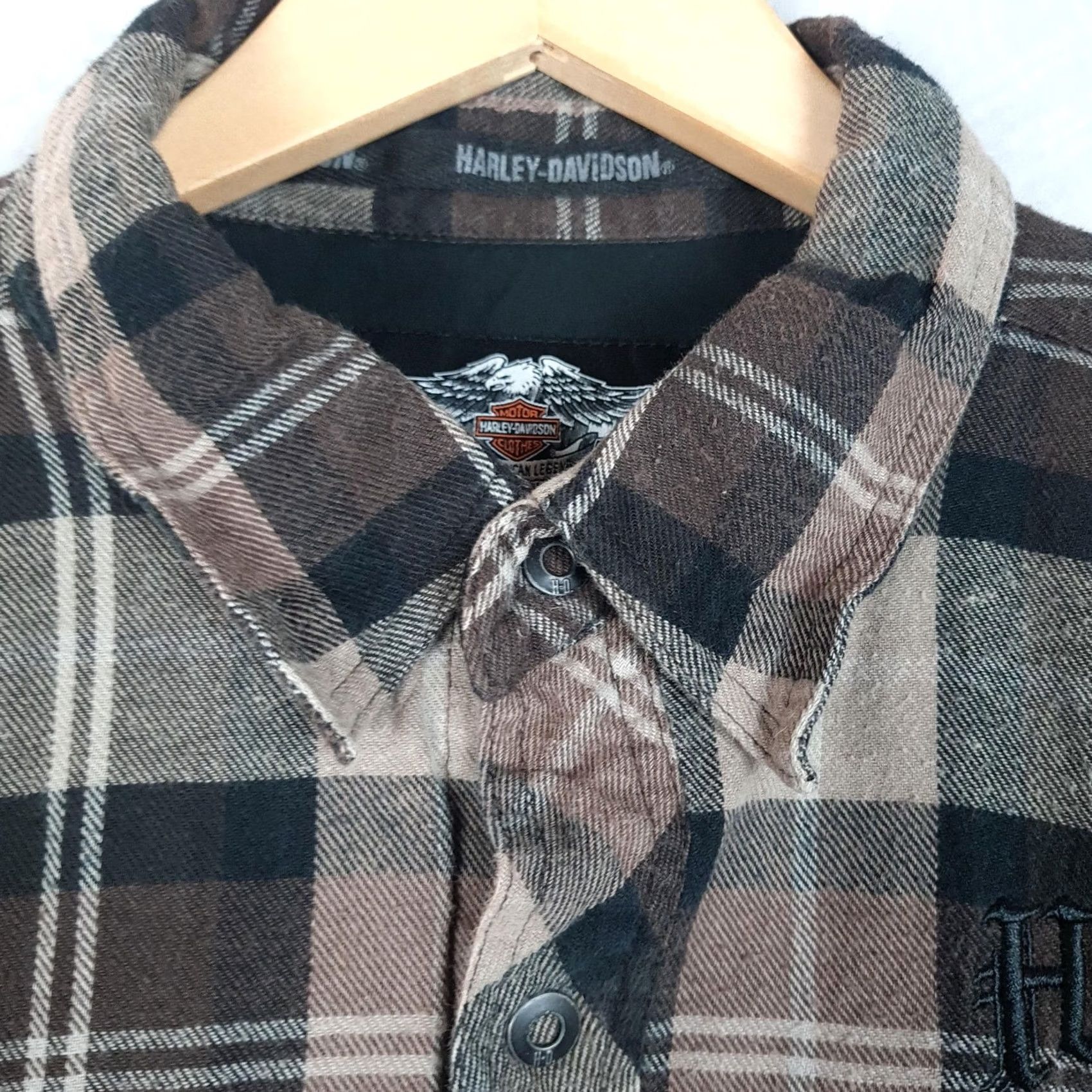 Harley Davidson Harley-Davidson Shirt Jacket Mens Large Brown Plaid Flannel Skull Lined Patch Jacket Size US L / EU 52-54 / 3 - 4 Thumbnail