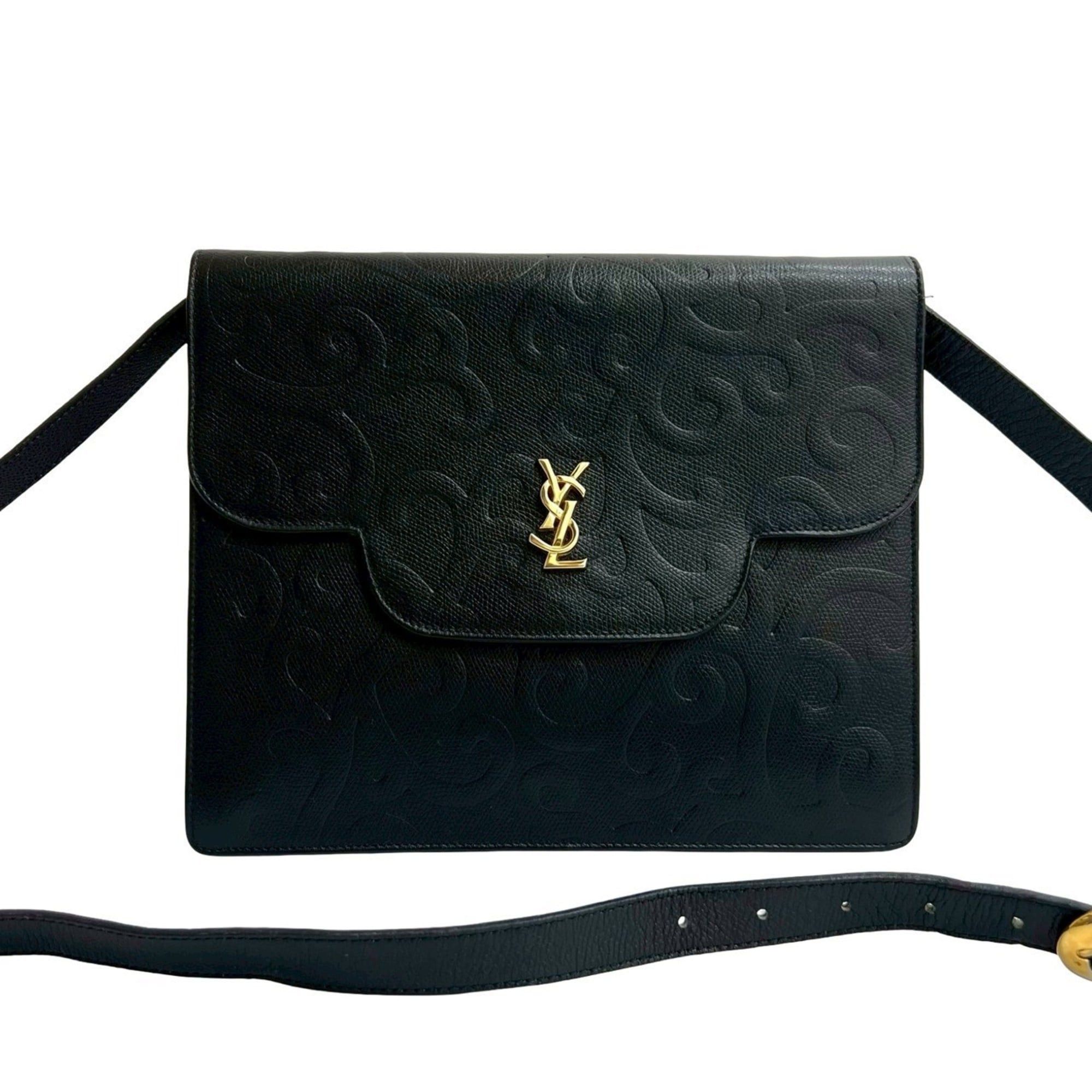 YVES Saint Laurent YSL Leather Shoulder Bag Pochette Black 35866, Women's