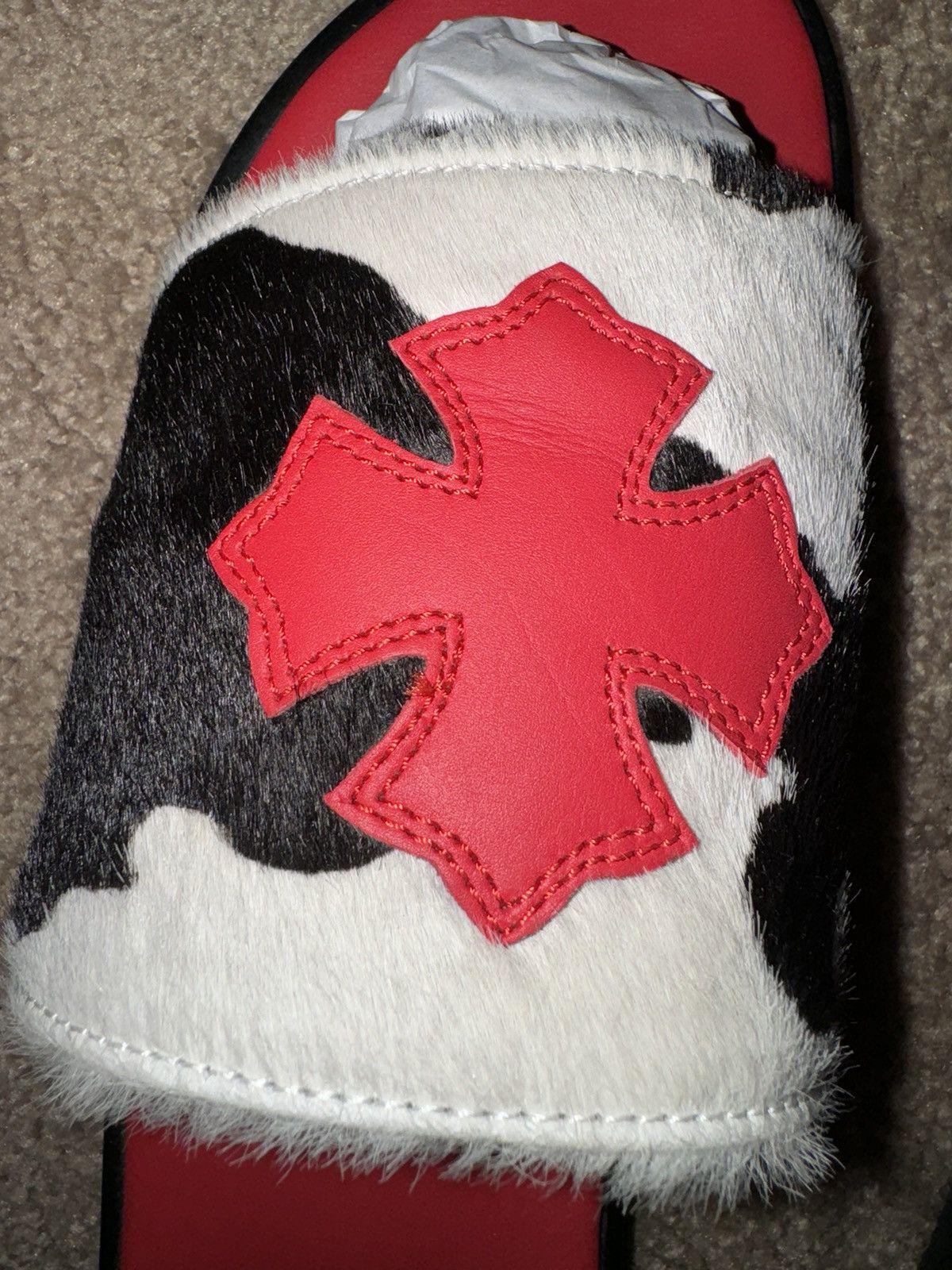 Chrome Hearts Chrome Hearts Red Plus Patch Horsehair Cow Slide Slippers Size US 10.5 / EU 43-44 - 2 Thumbnail