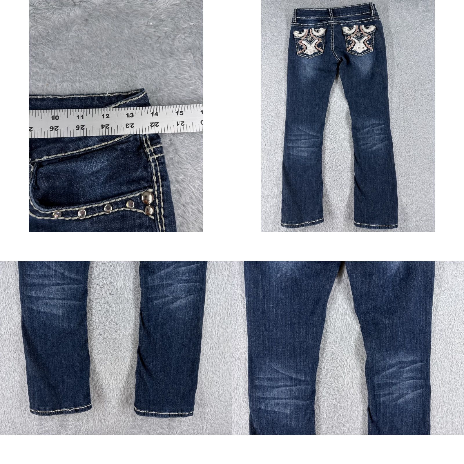 Denime Liuces Jeans Womens 7 Blue Denim Bootcut Distressed Dark Low Rise 25x26 Hemmed 26 Inseam Regular 5-Pocket Logo Embroidered Button Cotton Blend Stretch Size 28" / US 6 / IT 42 - 9 Thumbnail