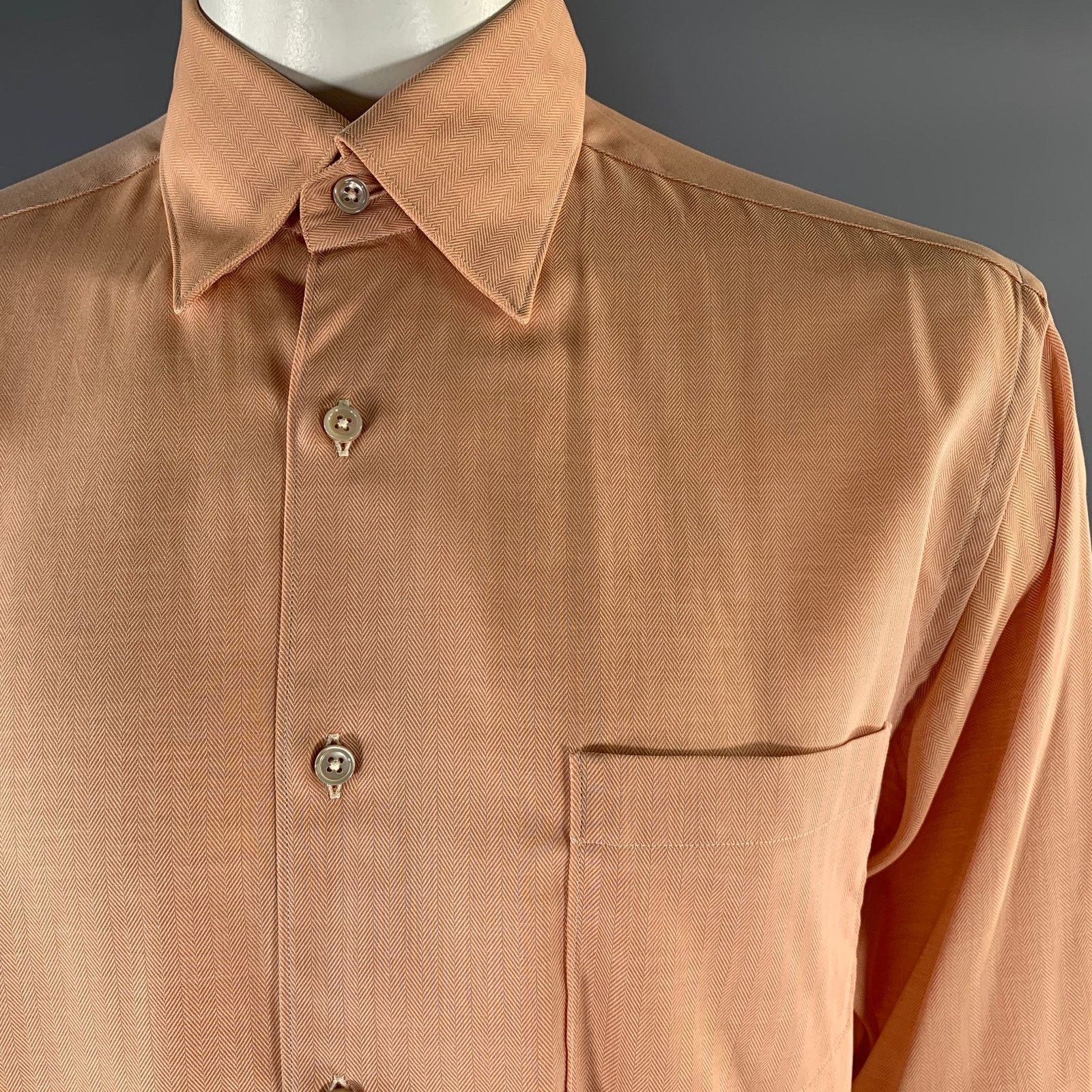 Ermenegildo Zegna ERMENEGILDO ZEGNA L Orange Herringbone Cotton Button Down LS Size US L / EU 52-54 / 3 - 2 Thumbnail