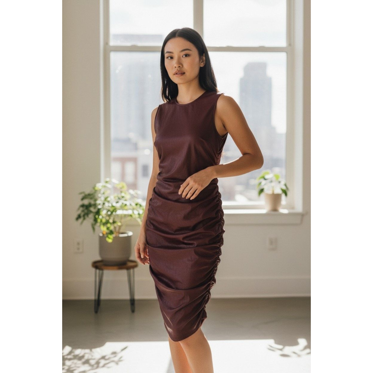 faux leather ruched dress faux leather ruched strapless dress Nude / SMALL