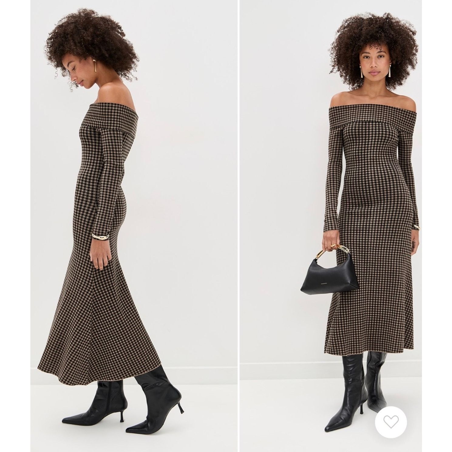 Other LE BOP Gingham Knit Off Shoulder Dress Chocolate/Black Size L / US 10 / IT 46 - 2 Thumbnail