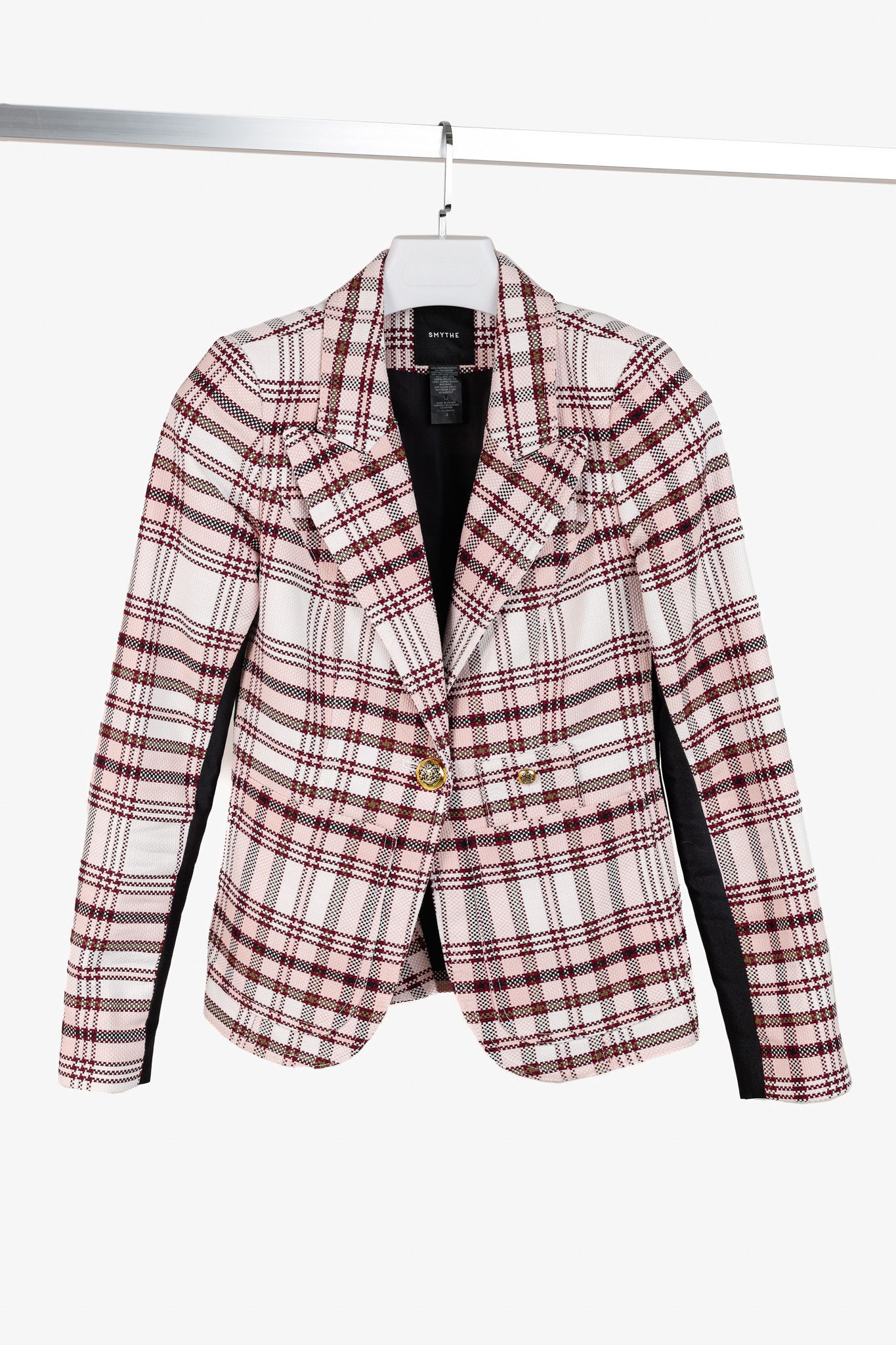 SMYTHE Smythe Blush & Black Plaid Tuxedo Stripe Cotton Blazer Size S / US 4 / IT 40 - 1 Thumbnail
