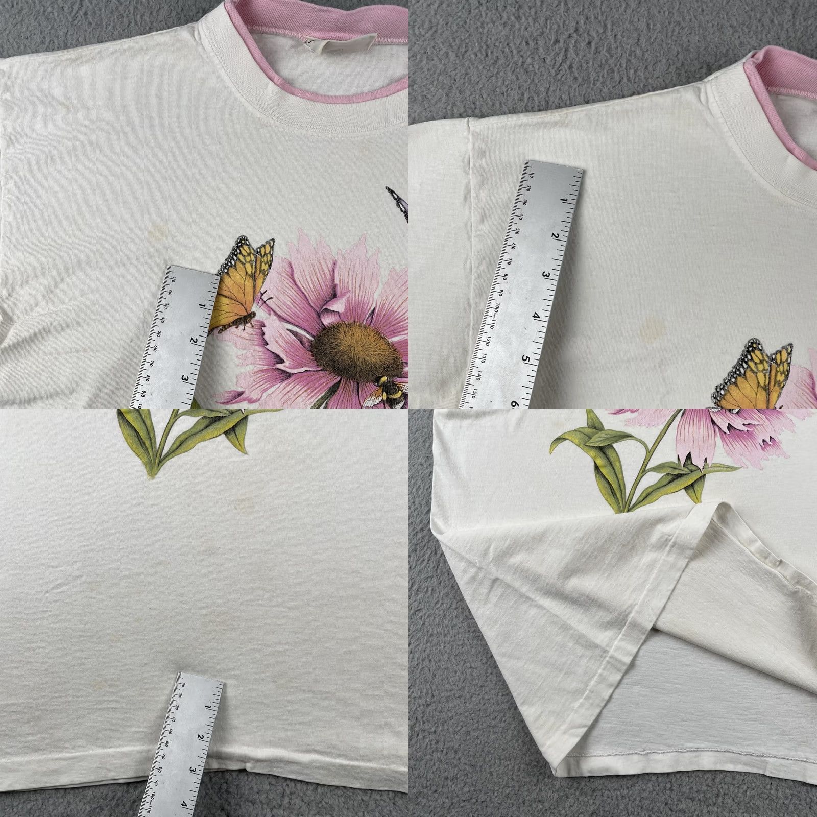 Vintage VINTAGE Day Breeze Shirt Adult L/XL Ivory Floral Butterfly Made In USA White Crew Neck Short Sleeve Cotton Single Stitched Mens Size US L / EU 52-54 / 3 - 8 Thumbnail