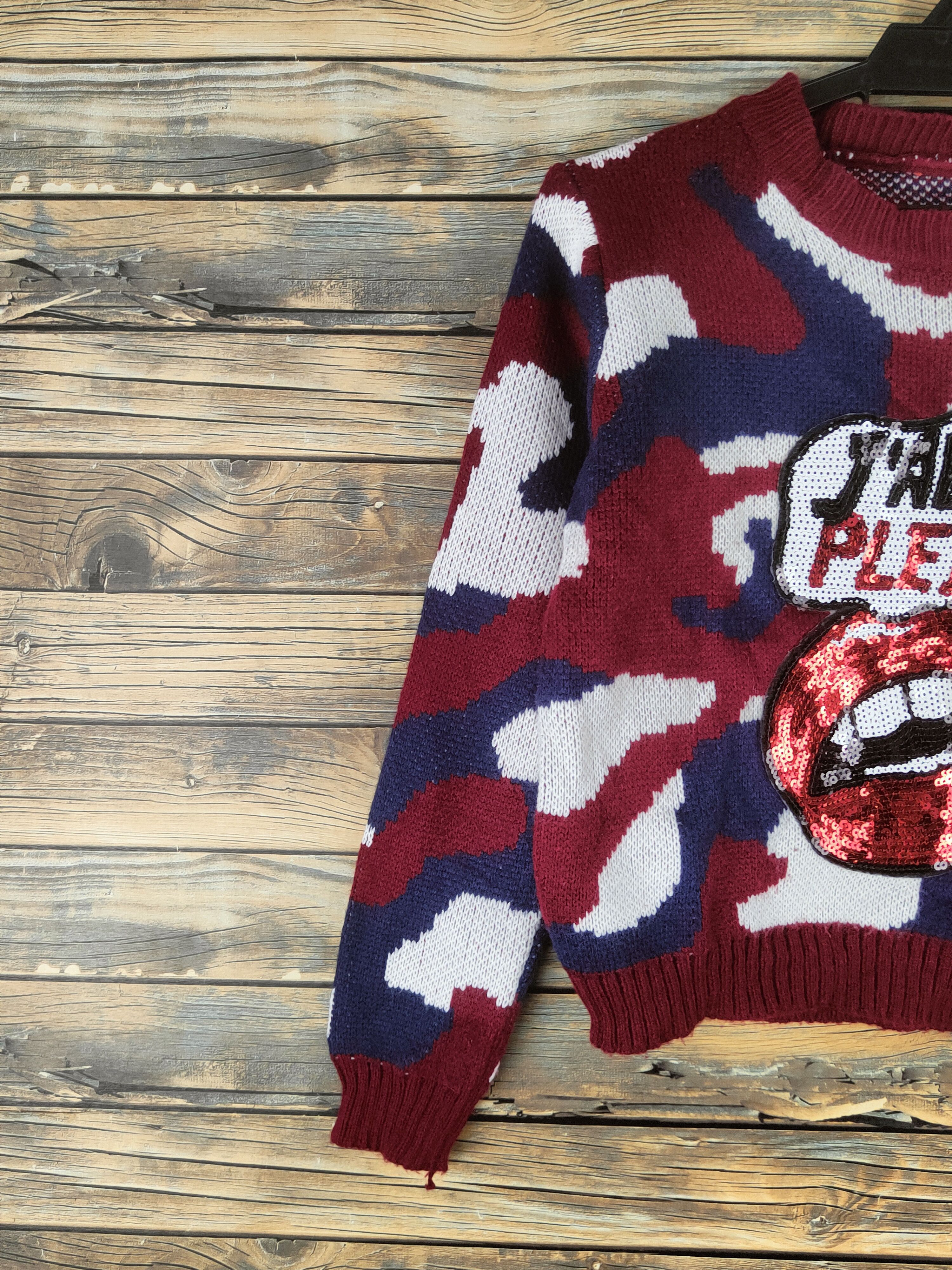 Japanese Brand DL J'adore Plein Maroon White Knitwear Crop Tops# 46-131 Size S / US 4 / IT 40 - 3 Thumbnail
