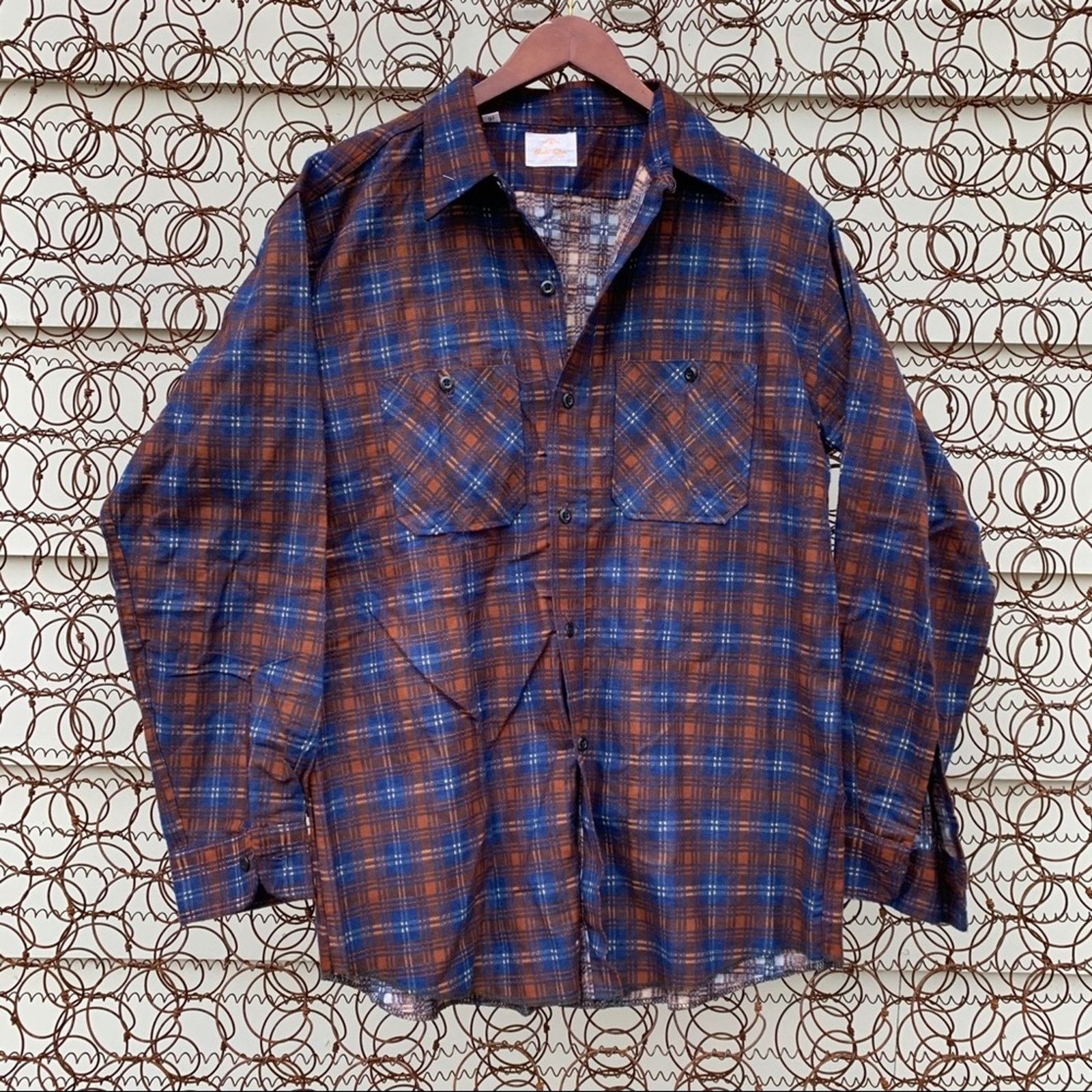Vintage Gold Star plaid pearl snap western shirt blue orange