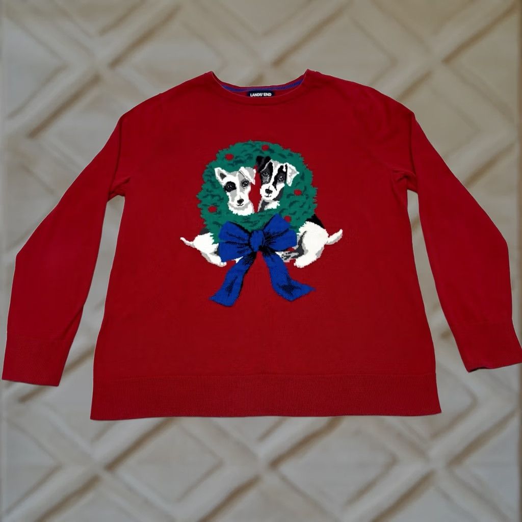 Lands' End Lands' End Red Christmas Sweater Women’s Size L with Dogs Wreath Christmas Party Crew Neck Knit Pullover 100% Cotton Regular Fit Size L / US 10 / IT 46 - 1 Thumbnail