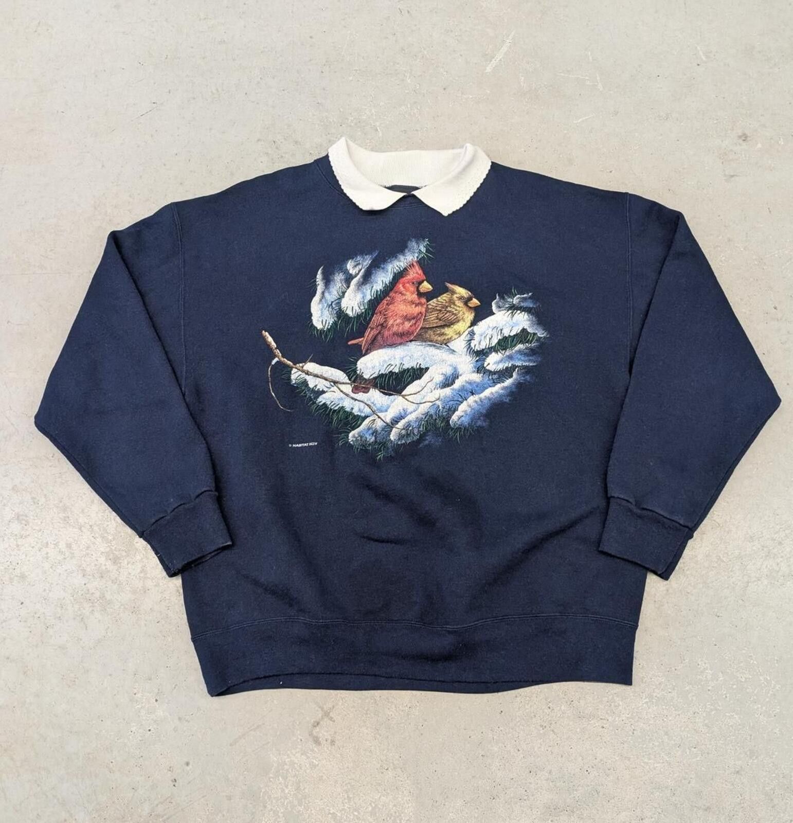 Vintage Vintage 90s Cardinals in a Snow Tree Collared Frill Sweater Size XL / US 12-14 / IT 48-50 - 1 Thumbnail